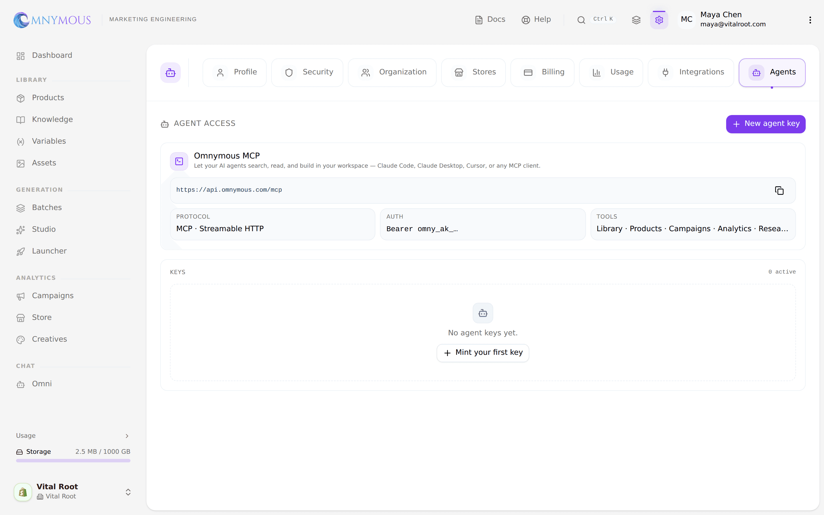 The Agent Access tab: the Omnymous MCP endpoint card above an empty keys list