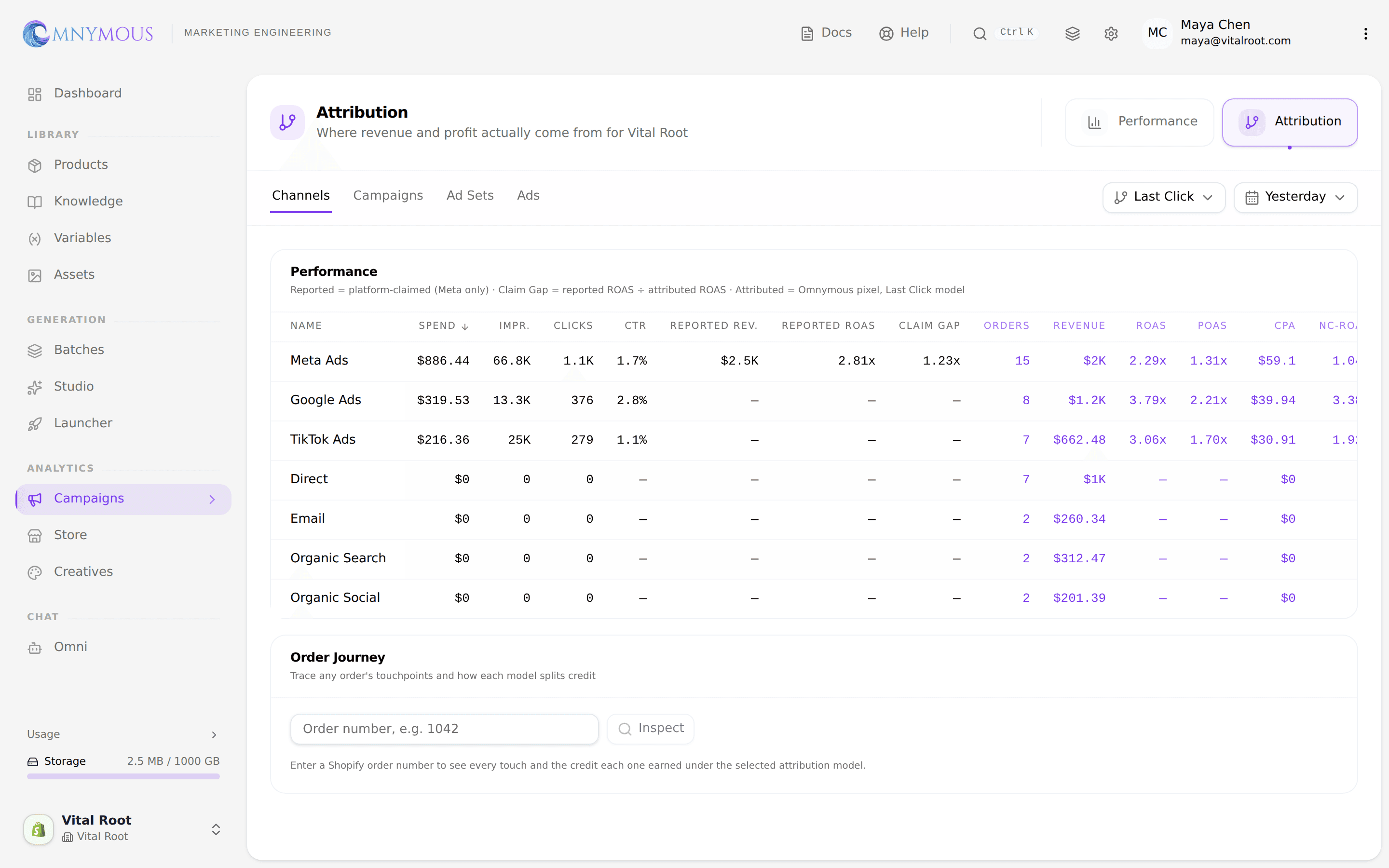 The Attribution view, Channels dimension, date range Yesterday: the claimed-vs-attributed table with Meta Ads leading on 15 orders and a 1.23x Claim Gap