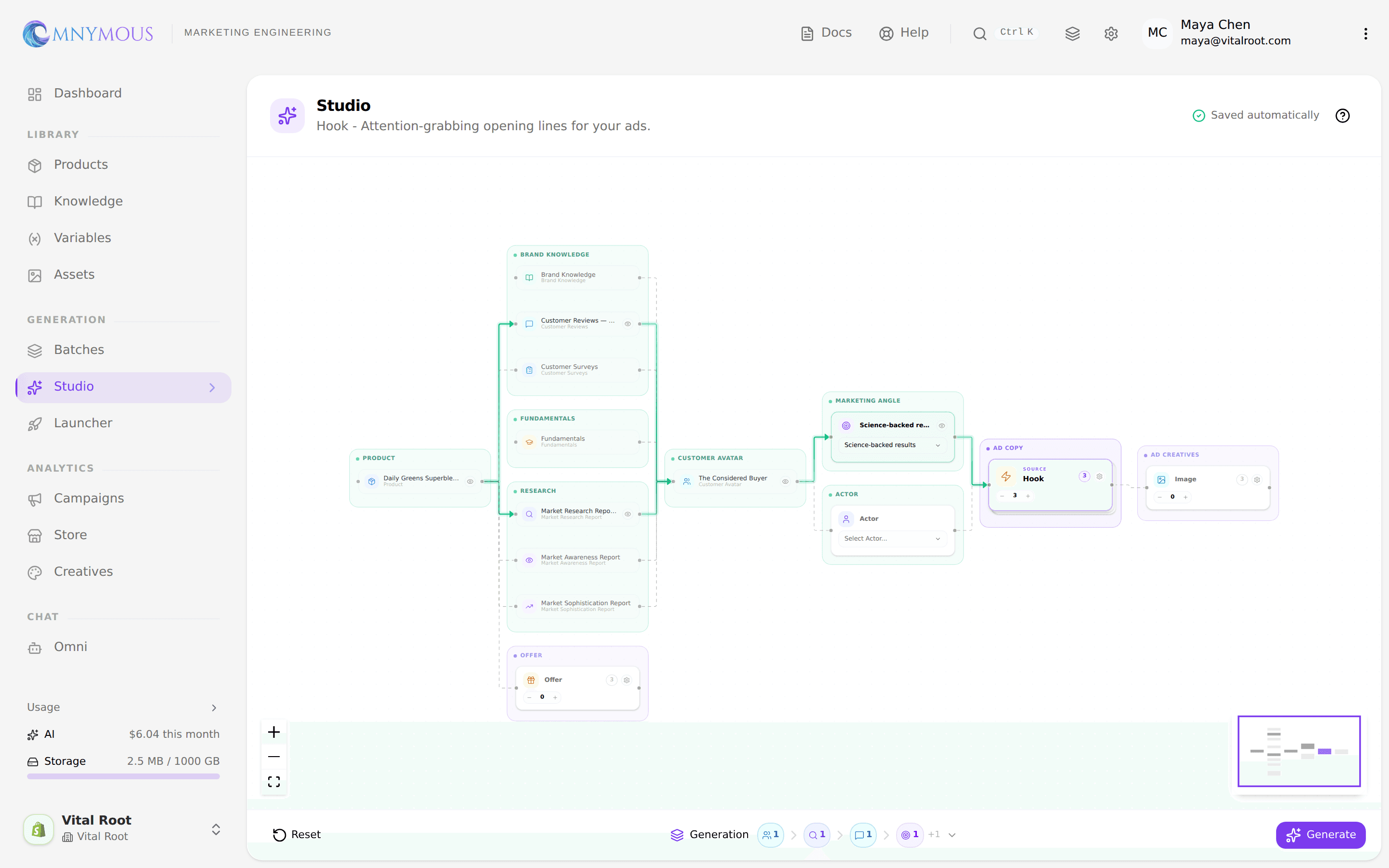 The Studio canvas set to generate three hooks from the Science-backed results angle, with the product and avatar riding along