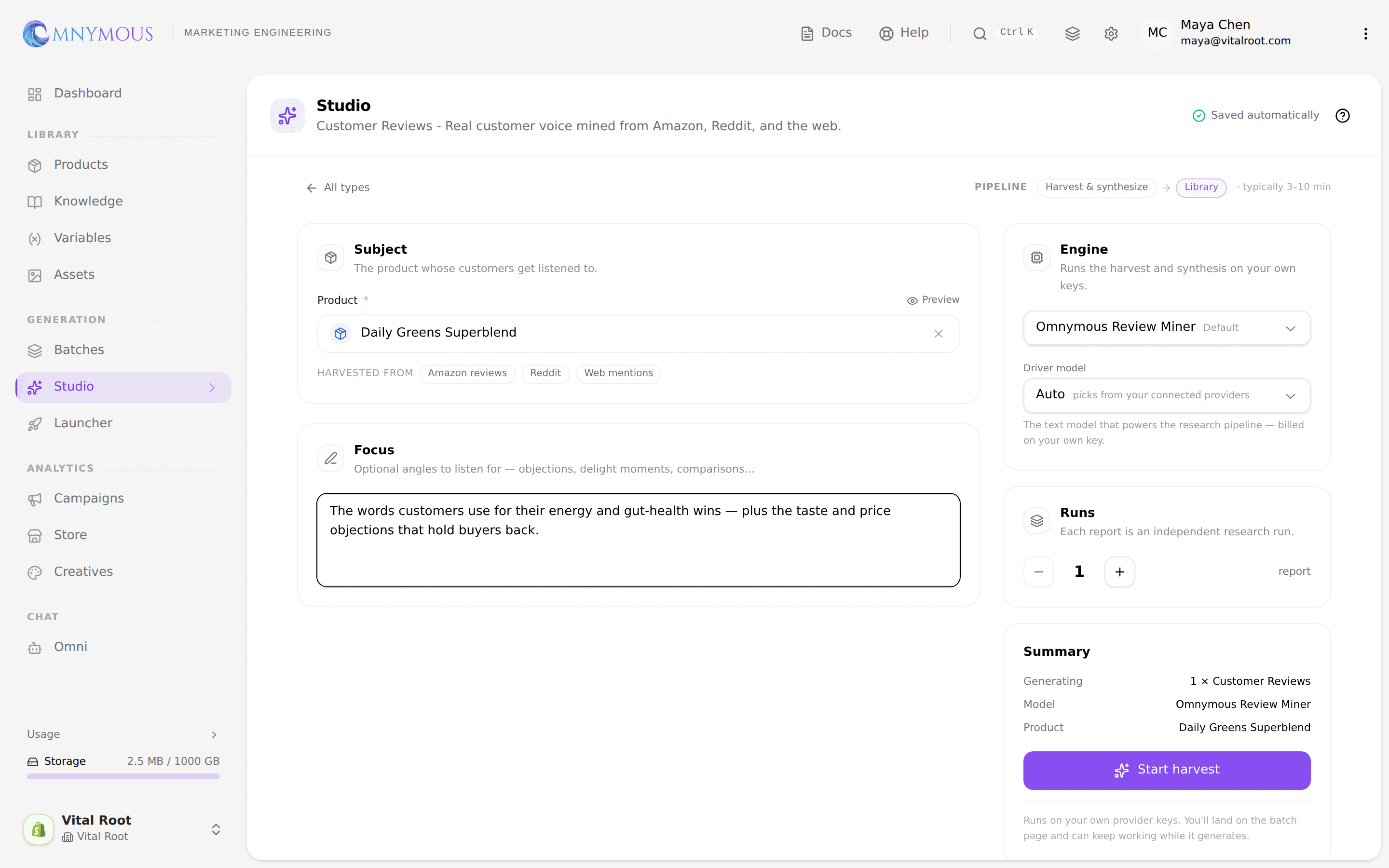 The Customer Reviews composer with Daily Greens Superblend as the subject, the Amazon reviews, Reddit and Web mentions sources, a focus brief, and the Start harvest button