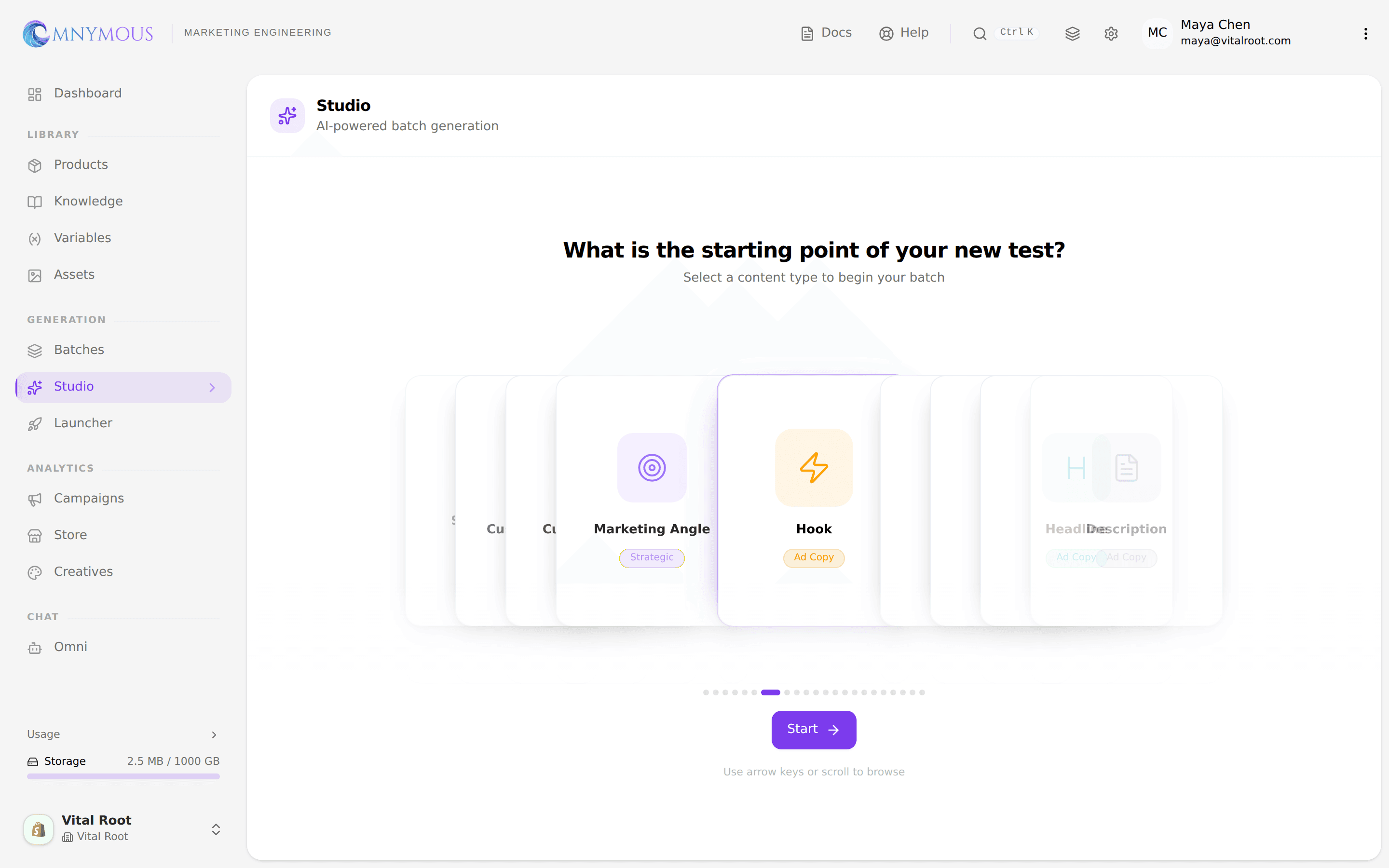 The Studio type picker centred on the Hook card, with category badges on each card