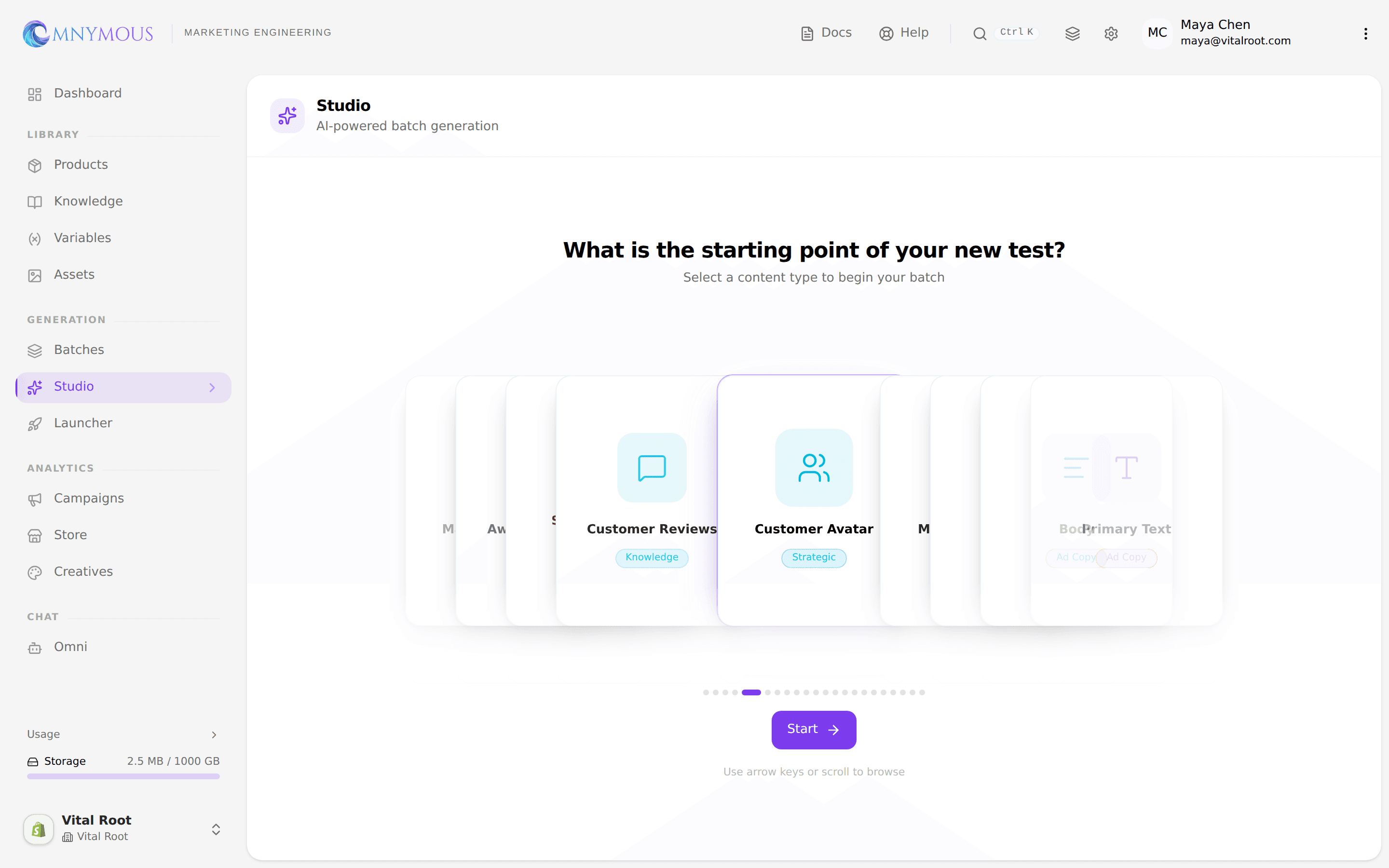 The Studio type picker centered on the Customer Avatar card