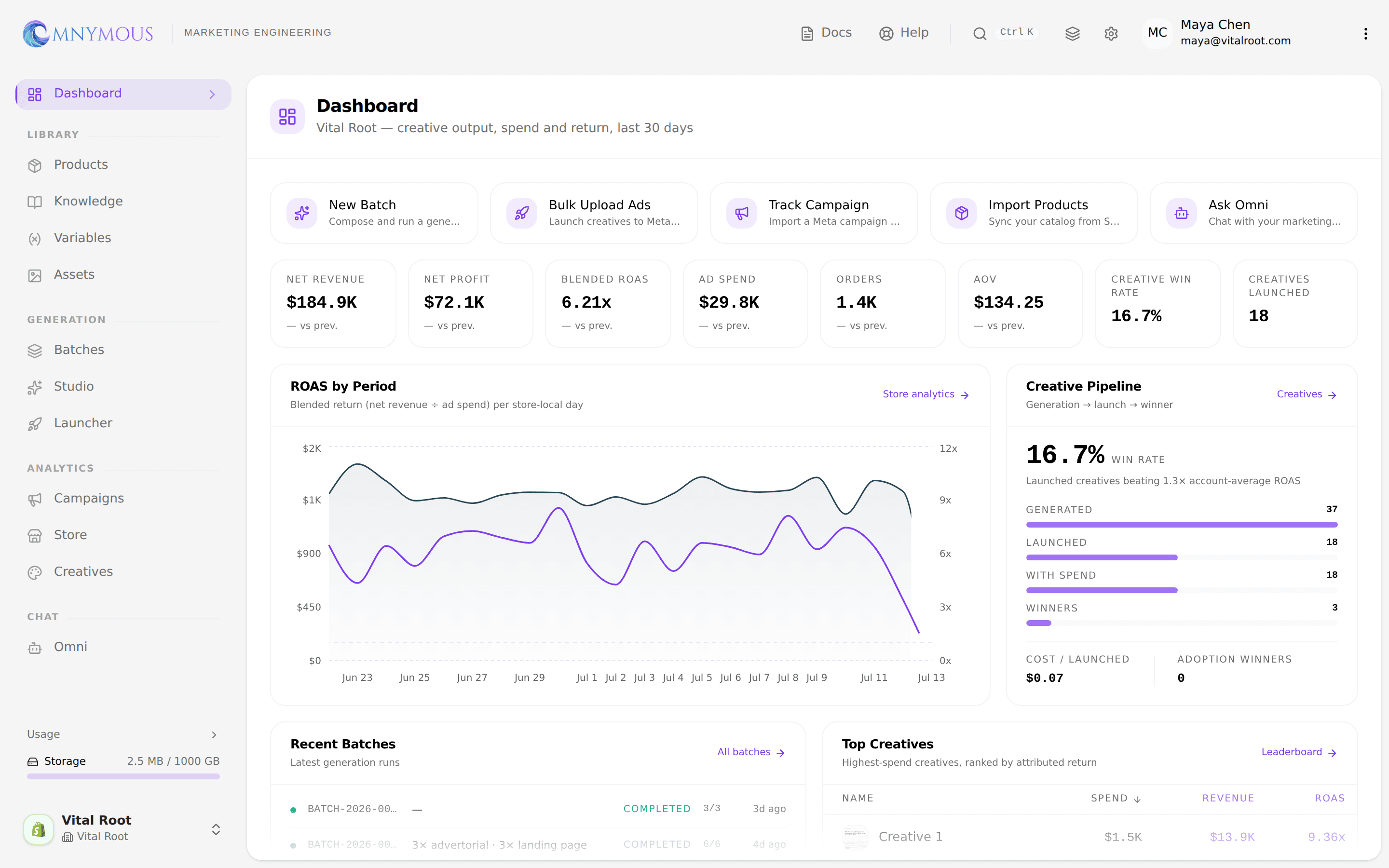 The Vital Root dashboard: a Quick Actions row, an eight-tile KPI strip led by Net Revenue, the ROAS by Period chart and the Creative Pipeline card