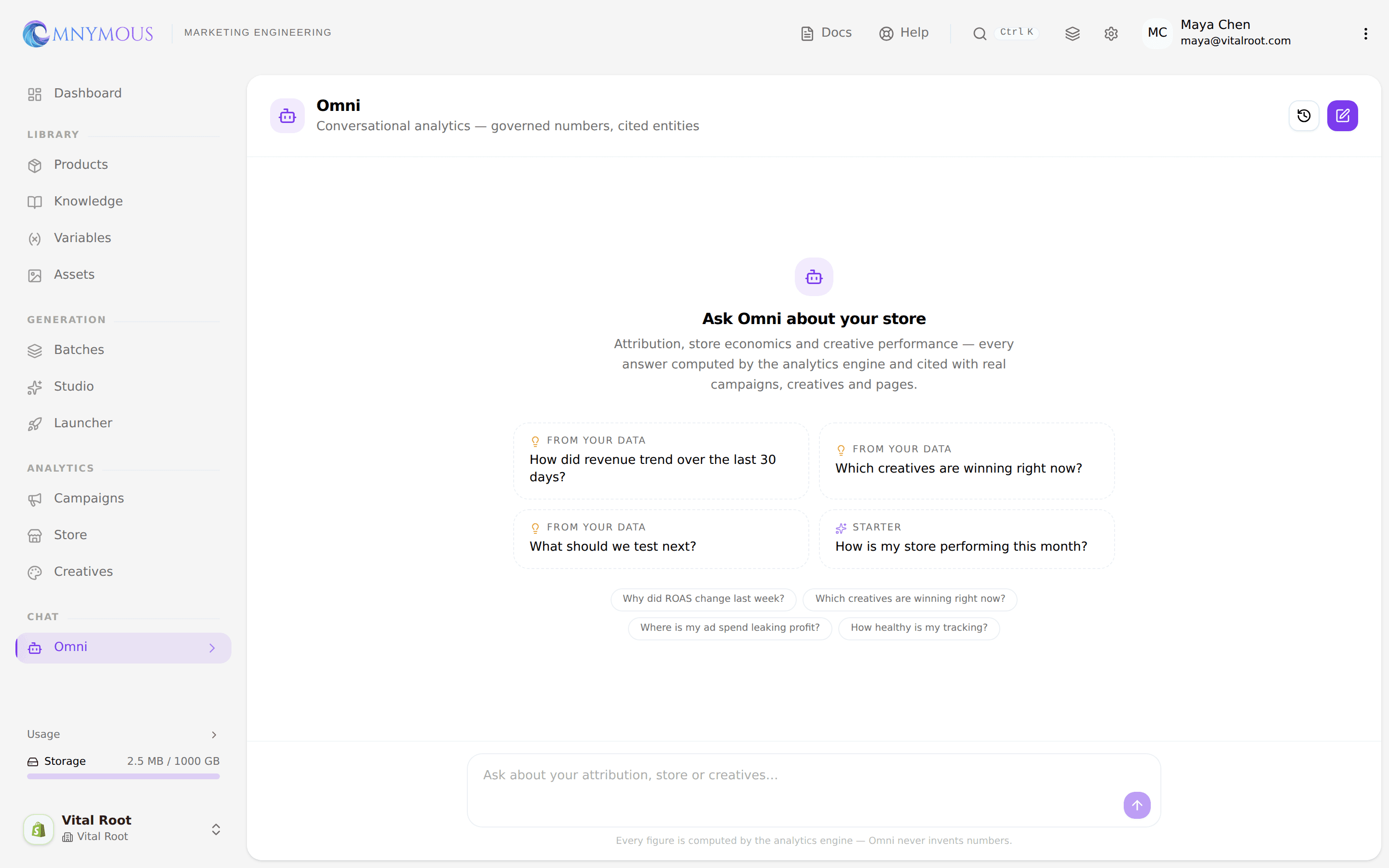 Omni's new-chat screen with starter question cards and suggestion chips