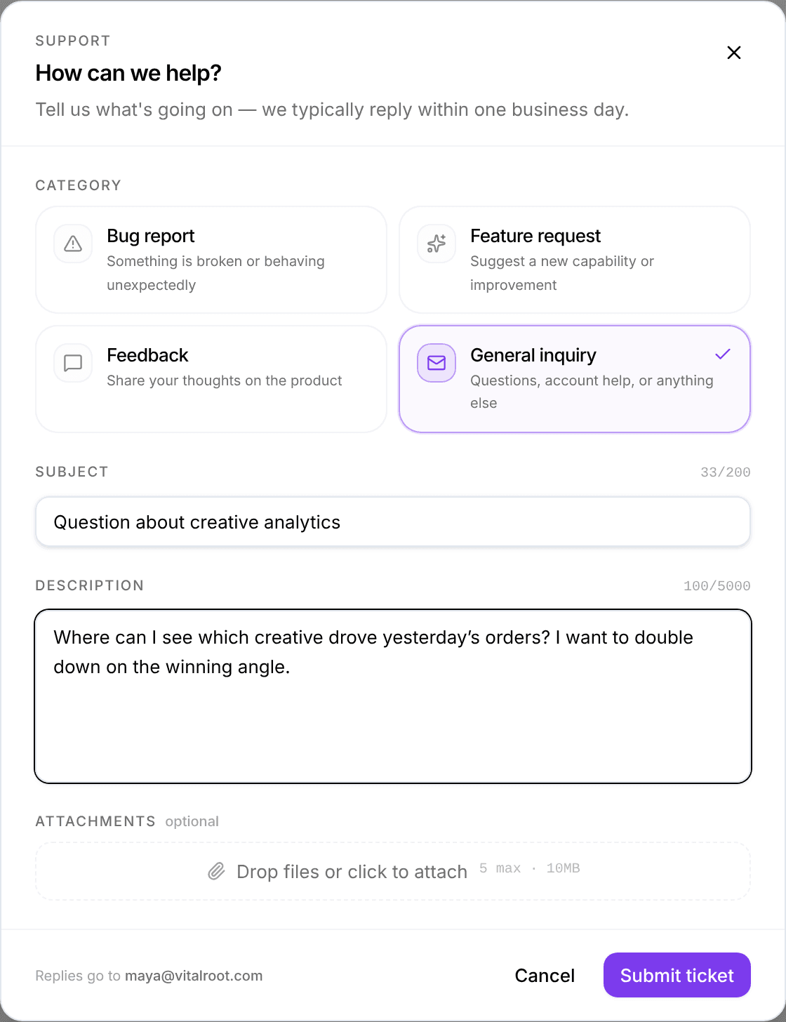 The Help form with the four request categories, a subject, and a description filled in