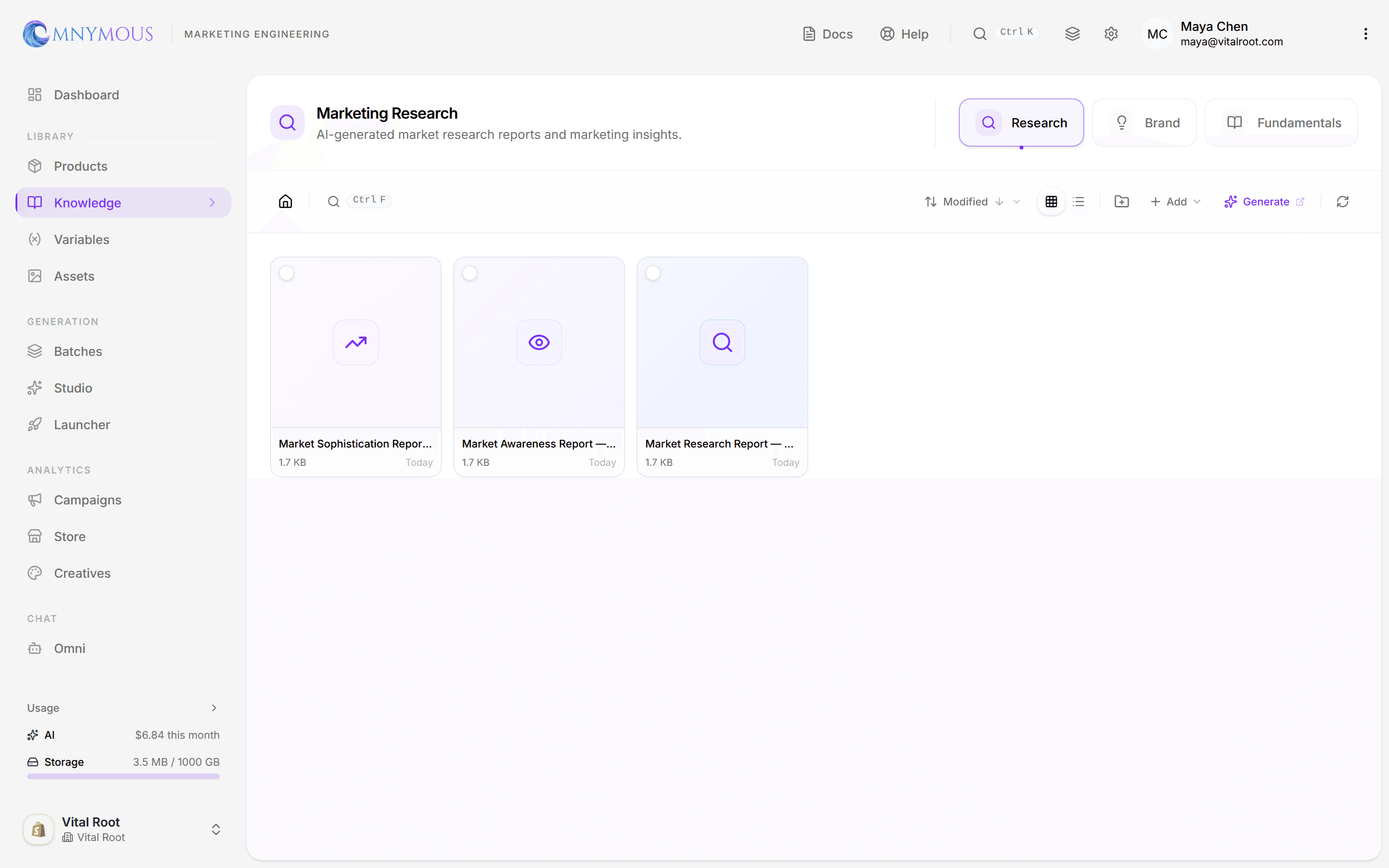 The Knowledge page with the Marketing Research category selected, three report cards in the grid and the Research, Brand and Fundamentals cards across the top