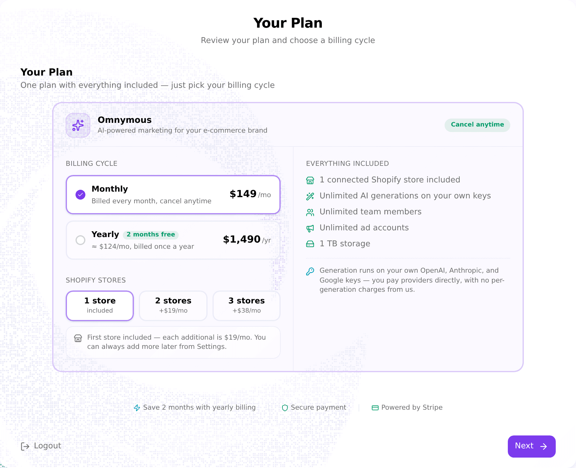 Your Plan step: the Omnymous plan with Monthly and Yearly billing options and a 1/2/3 store selector