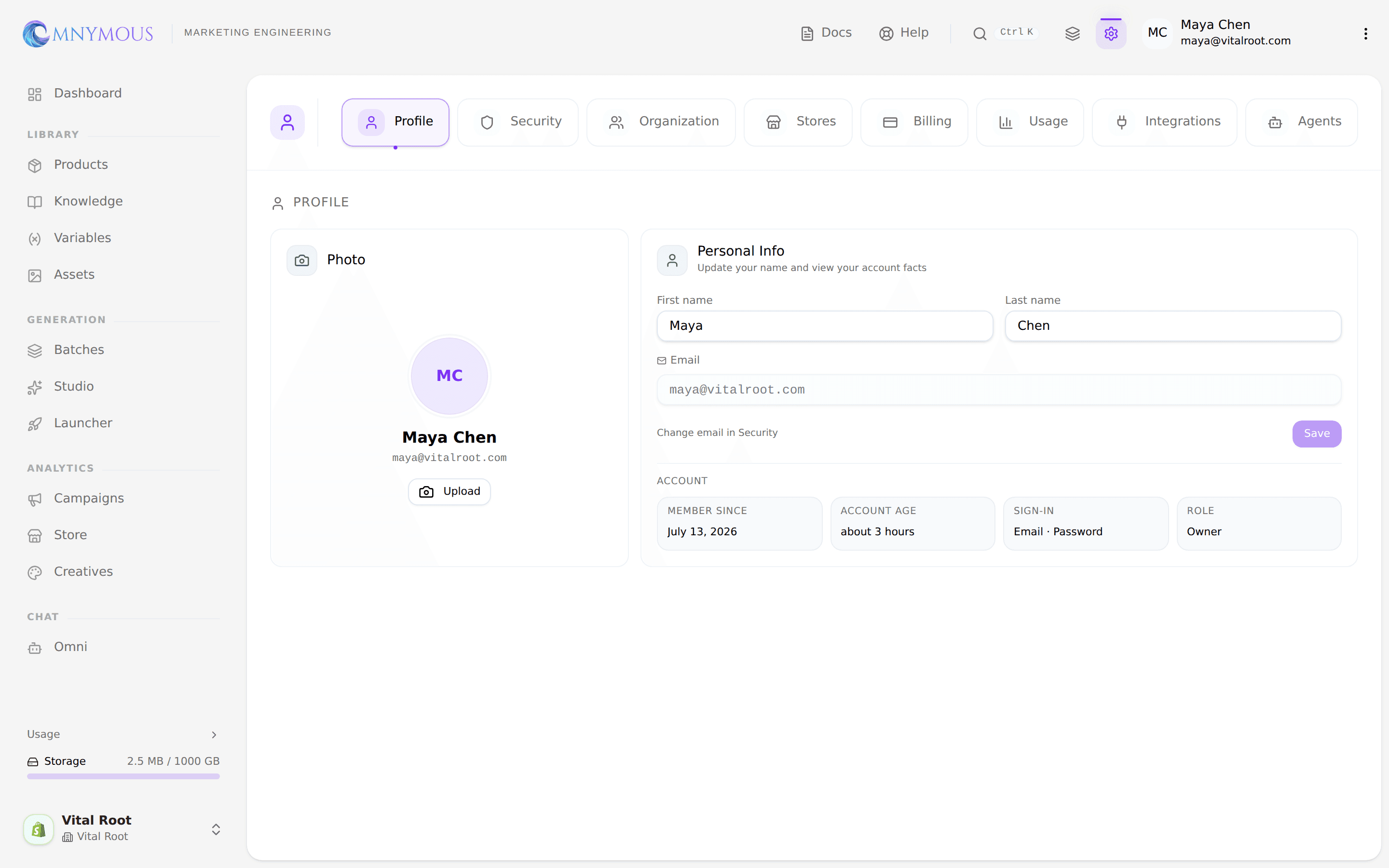 The Profile tab: photo, personal info, and account facts