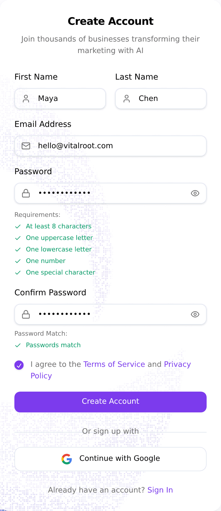 Create Account form with name, email, a password that meets every requirement, and the terms box ticked