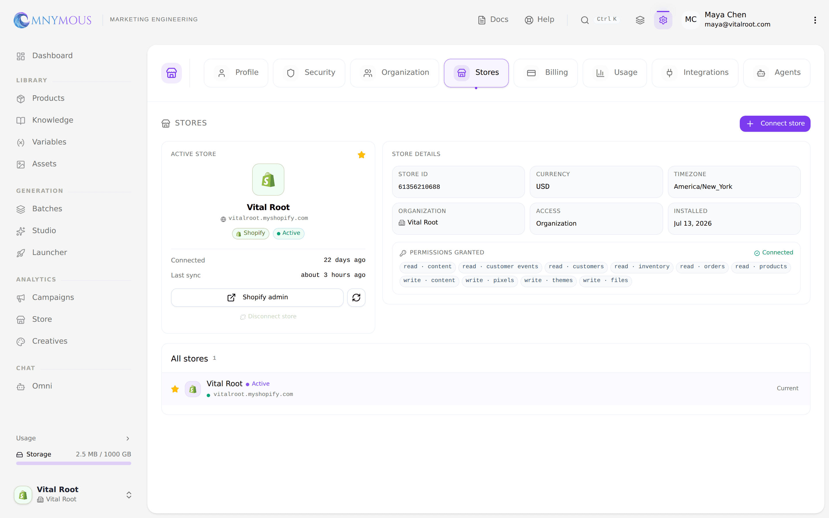The Stores tab: the Vital Root active-store card with an Active sync badge, Connected and Last sync times, a Shopify admin button, and the Store details grid alongside