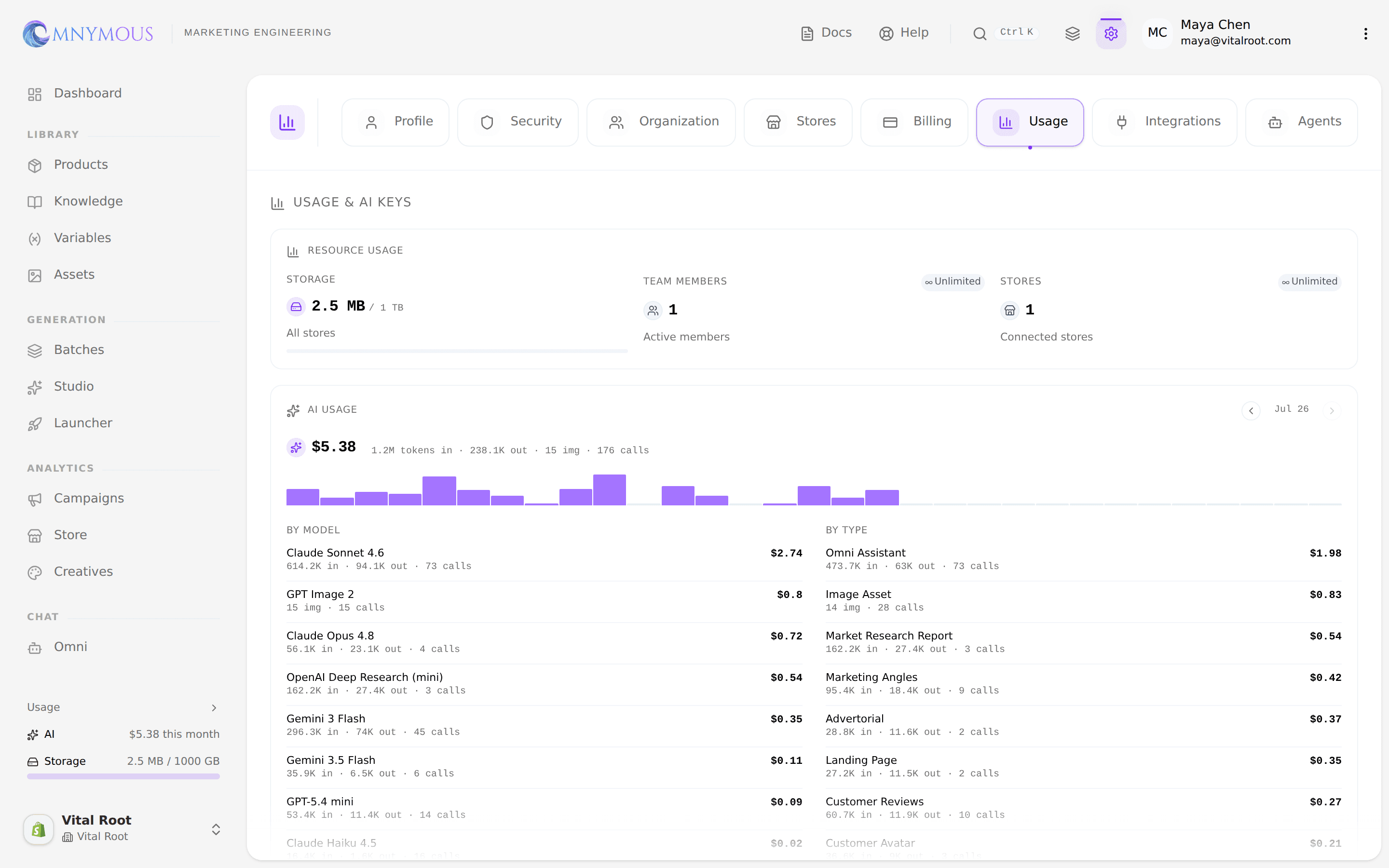The Usage & AI Keys tab: the Resource Usage meters, the AI Usage spend breakdown, and the AI Keys cards for OpenAI, Anthropic, and Google Gemini