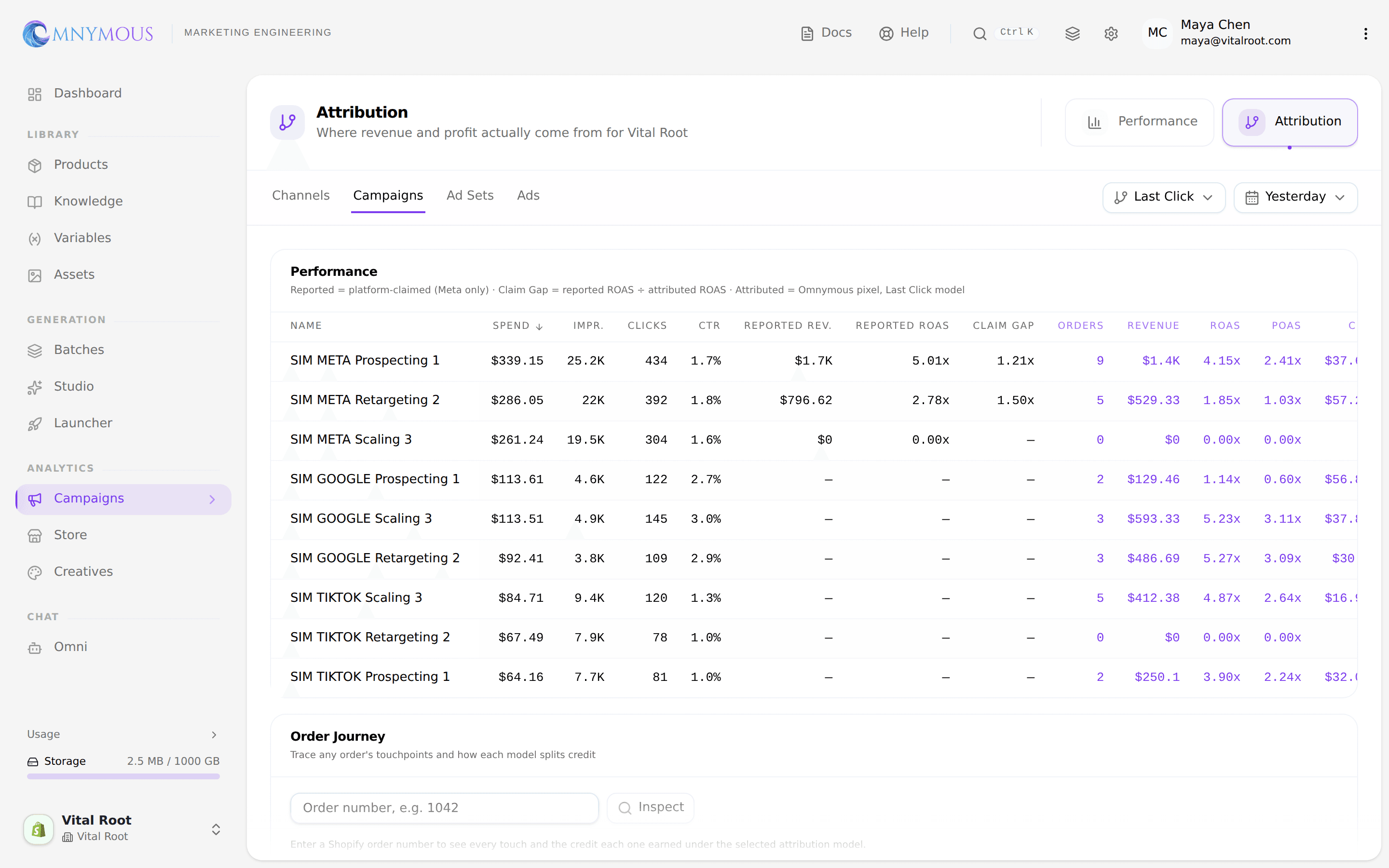 The Attribution table by campaign for Yesterday: SIM META Prospecting 1 on top with 9 attributed orders and a 4.15x ROAS