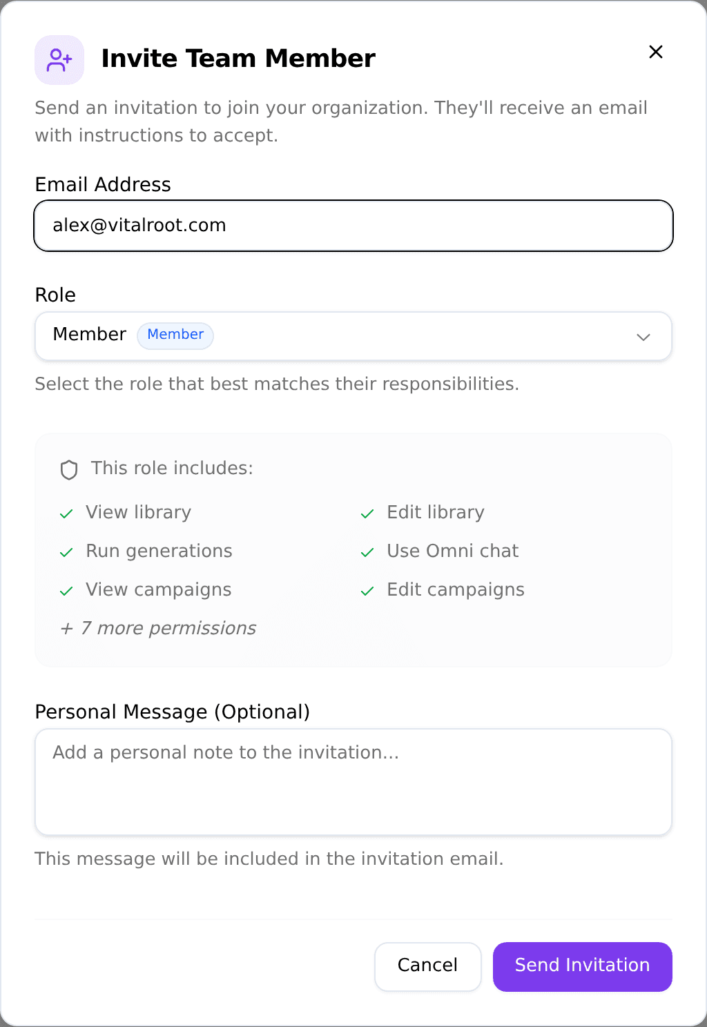 The Invite Team Member dialog with a Member role selected and its permission preview