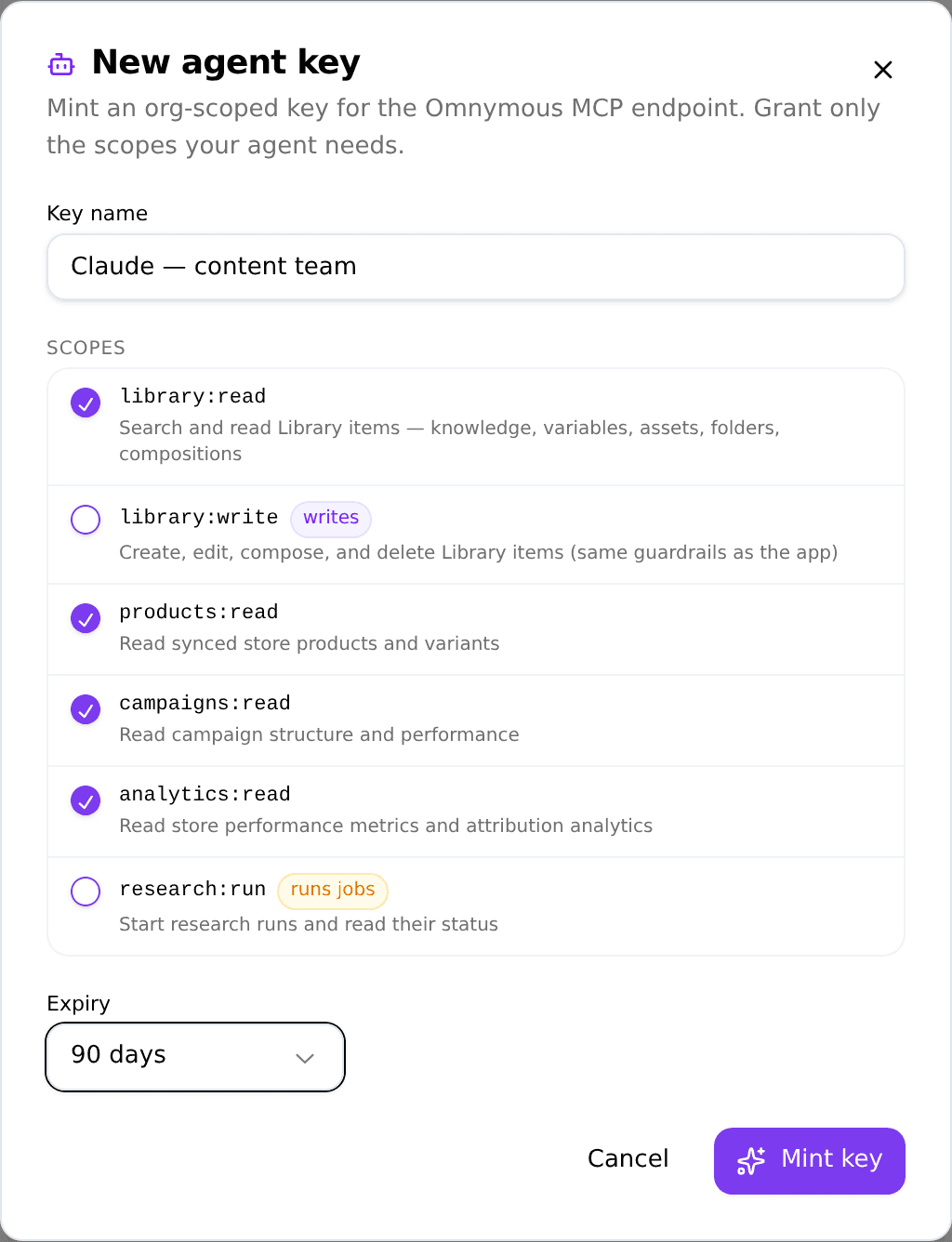 The New agent key dialog with a name filled, read scopes selected, and a 90-day expiry