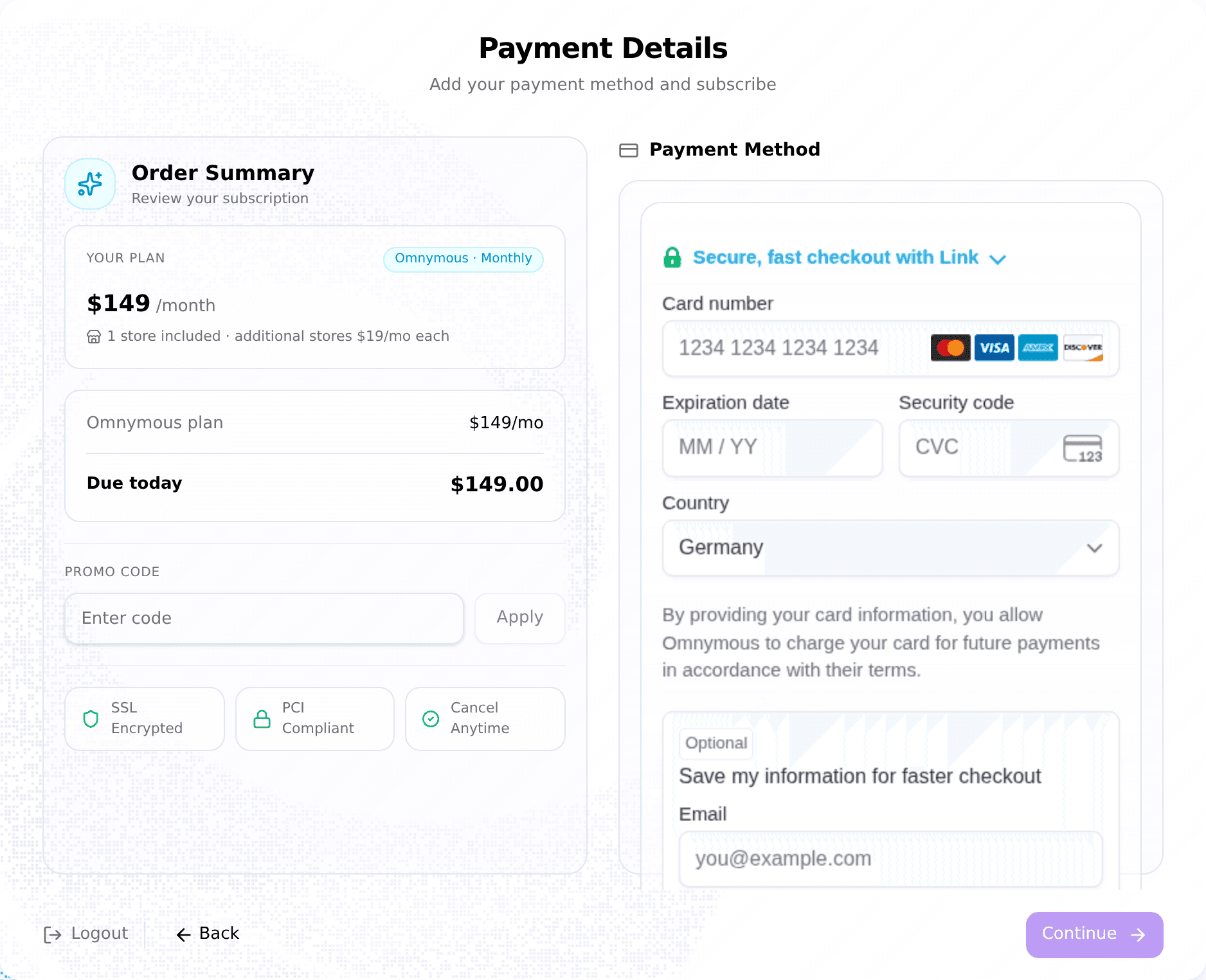 Payment Details step: order summary on the left, card form on the right