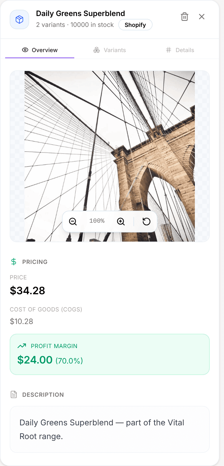 The Daily Greens Superblend product panel on its Overview tab, showing the product image and a Pricing block with Price, Cost of Goods (COGS) and a Profit Margin of $24.00 at 70%, with Overview, Variants and Details tabs above
