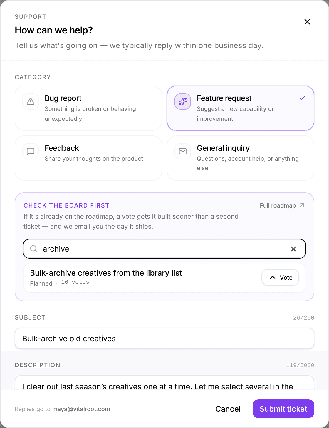 The Help form with Feature request selected, showing a roadmap match with its status and vote count