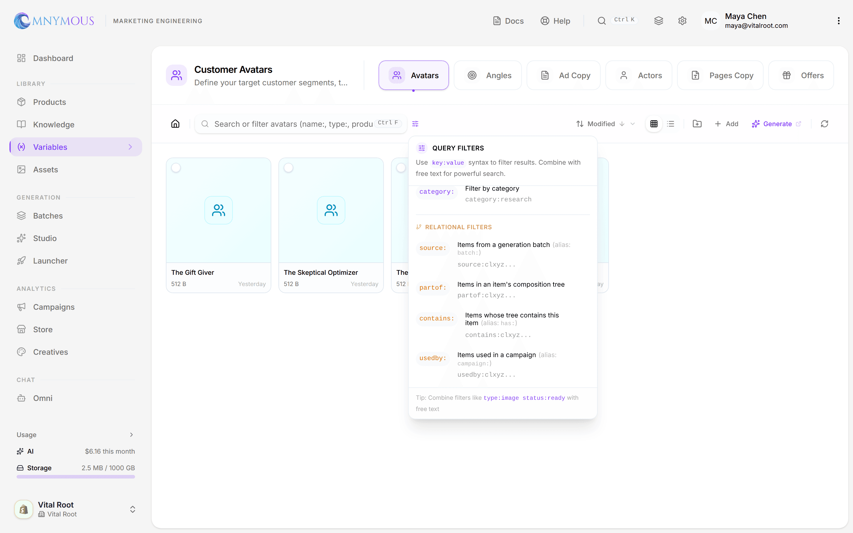 The Query Filters helper popover listing Field Filters like name, type and status, and Relational Filters — source, partof, contains and usedby — with their aliases