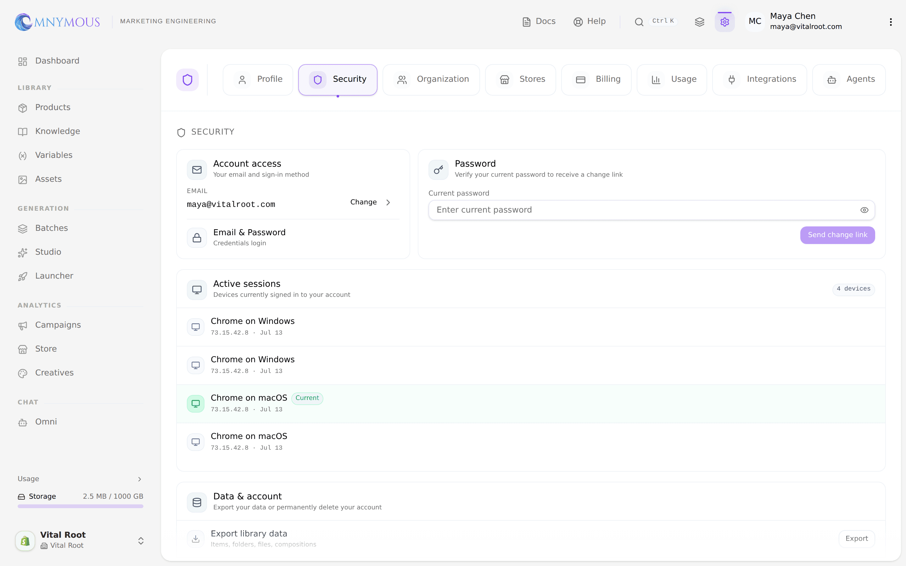 The Security tab: account access, password, active sessions, and data & account