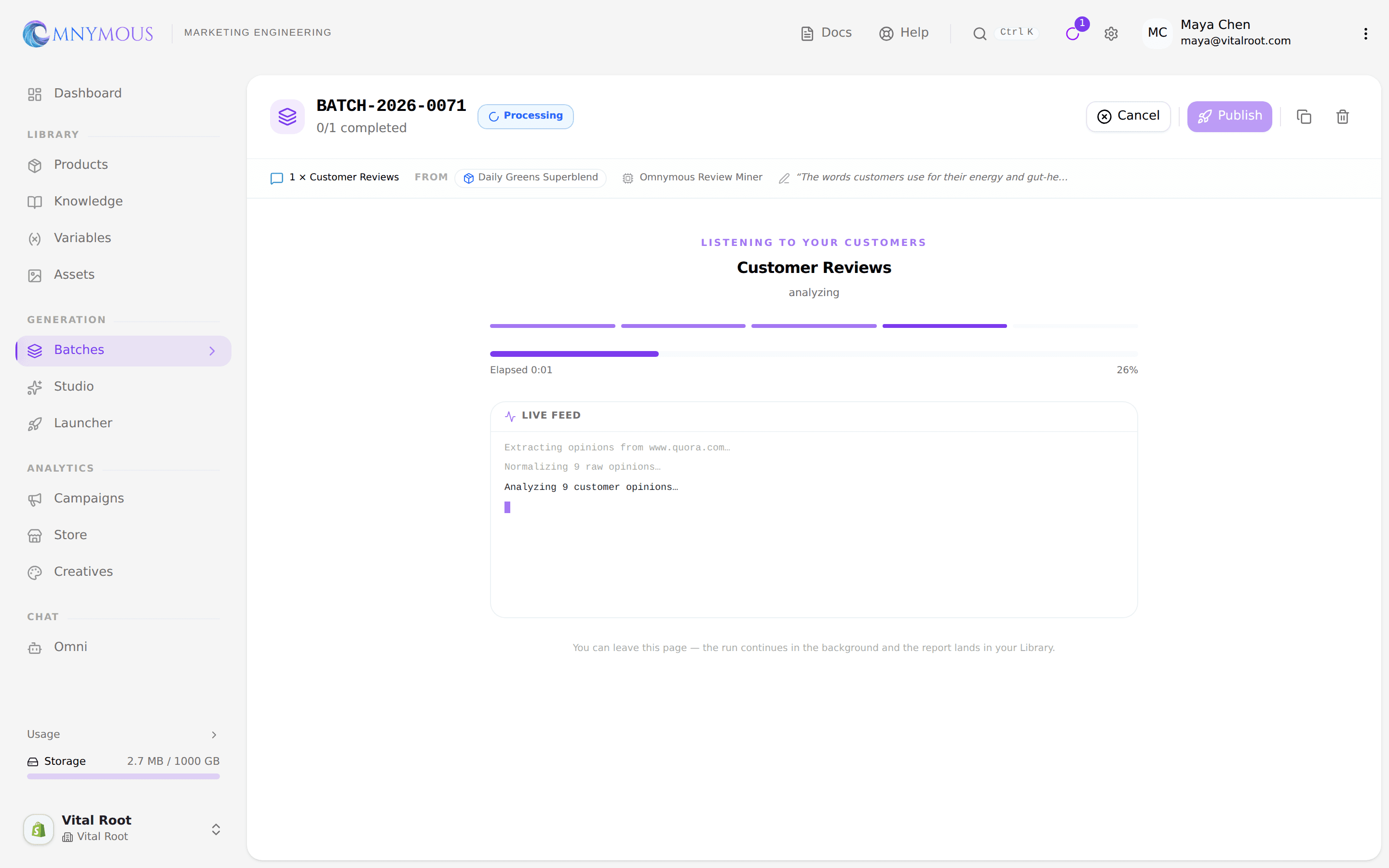 The live harvest: the heading Listening to your customers, an elapsed timer and percentage, and a Live feed streaming the sources being read