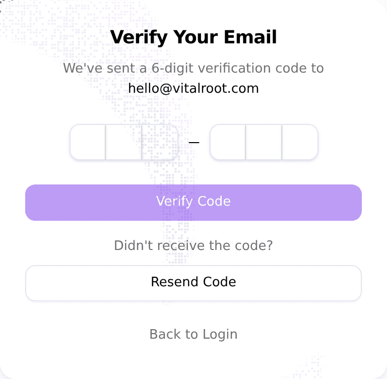 Verify Your Email screen showing the six-digit code boxes, Verify Code, and Resend Code