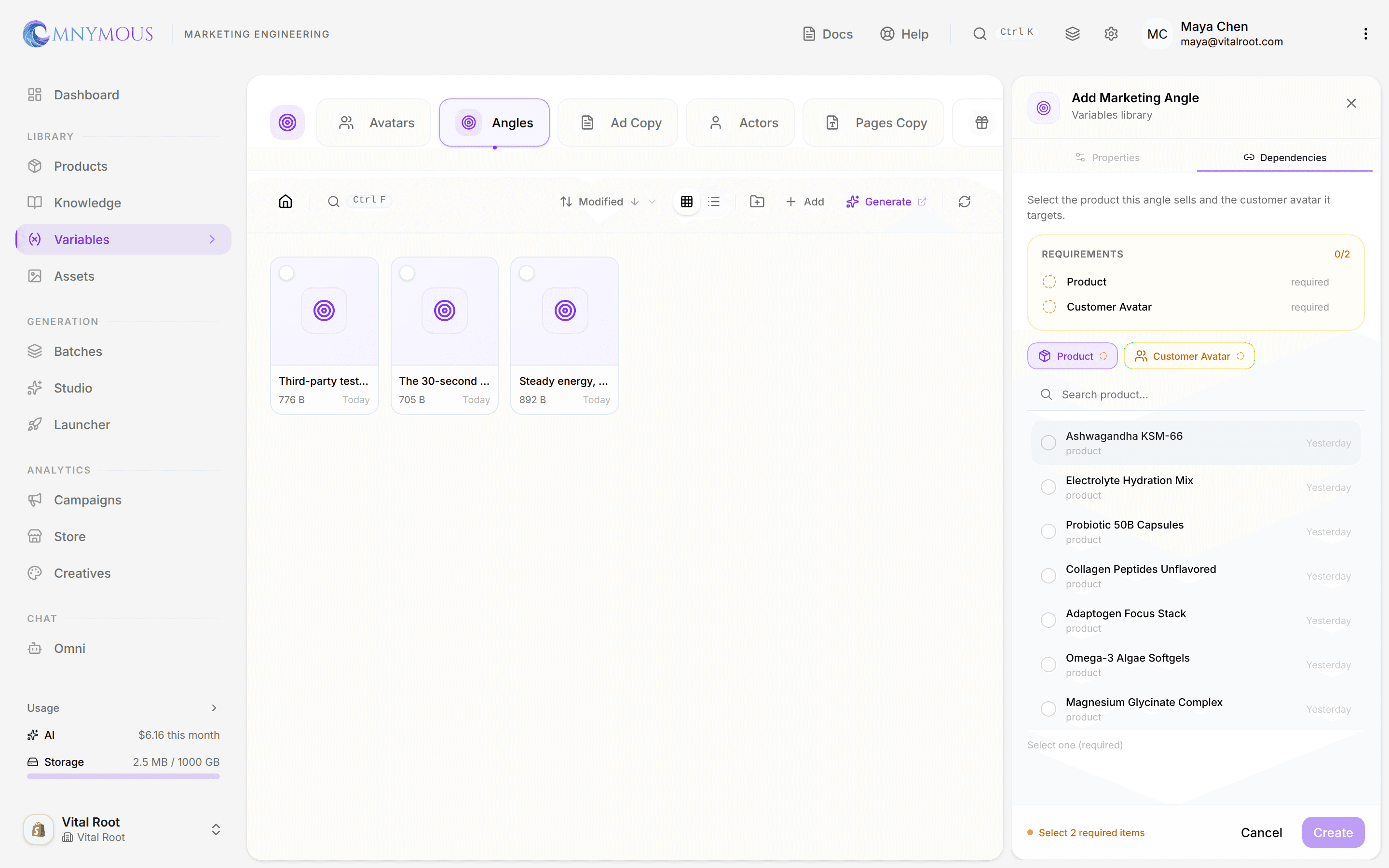 The Add Marketing Angle panel's Dependencies tab, with a Requirements checklist listing Product and Customer Avatar as required and a Select 2 required items note by the greyed-out Create button