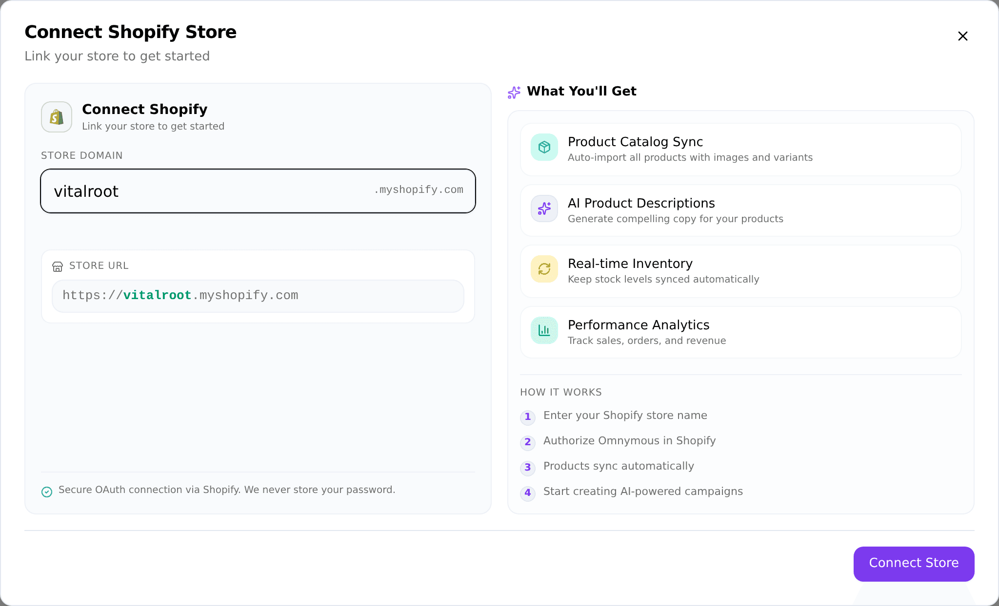 The Connect Shopify Store dialog with the Store Domain field filled in and a live preview of the full myshopify.com store URL