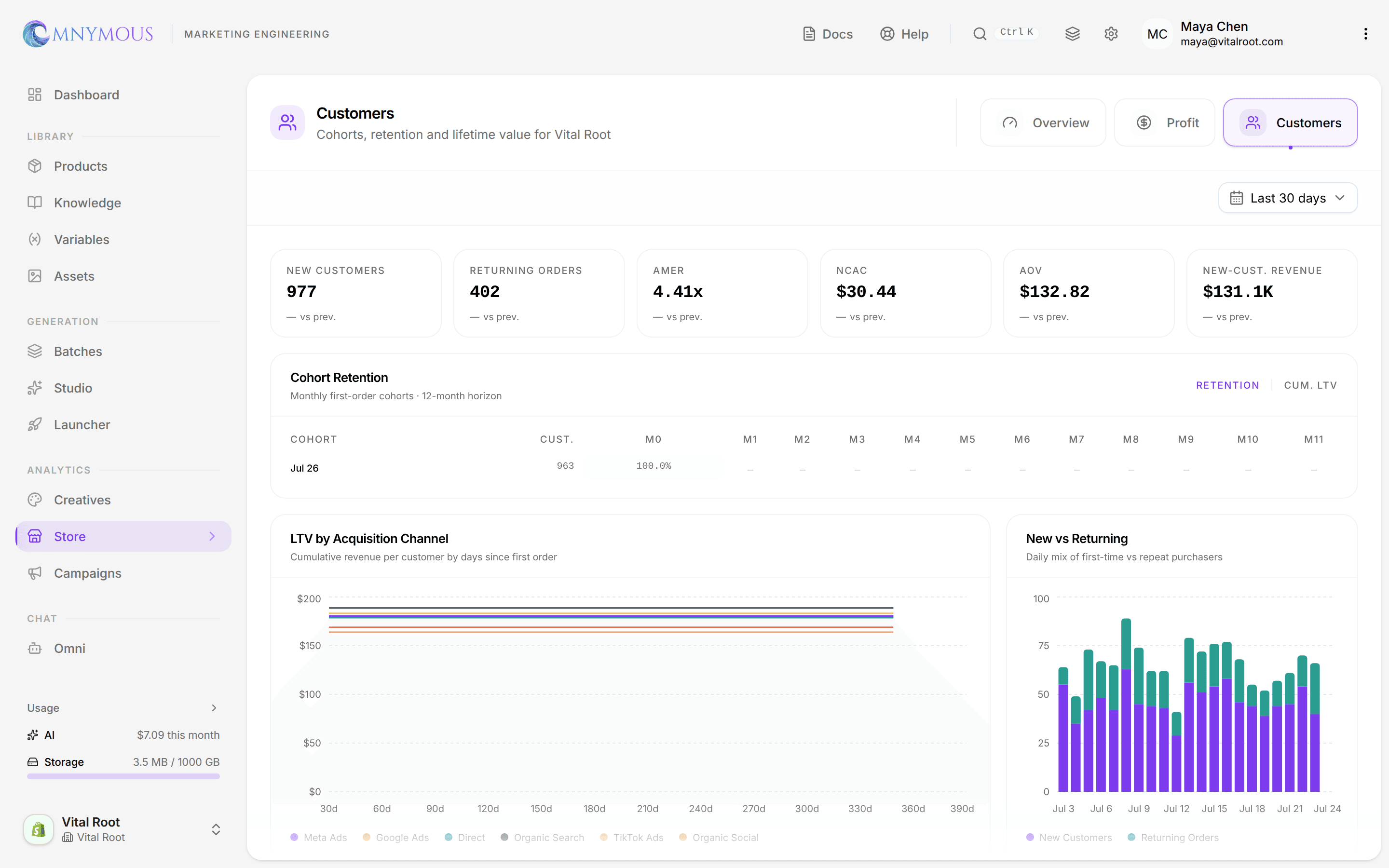 The Customers view: acquisition KPIs above the Cohort Retention matrix, with the New vs Returning chart alongside