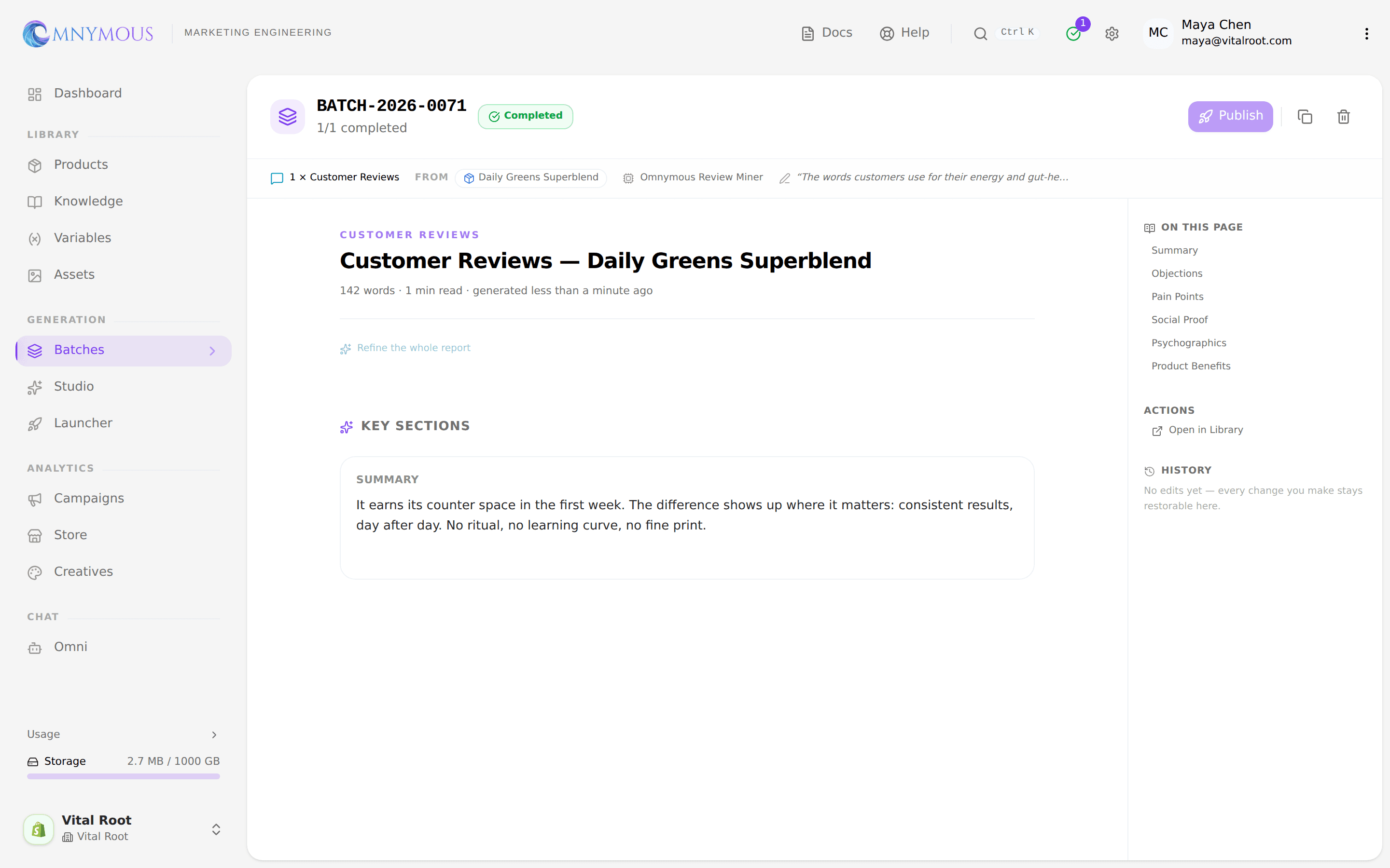 The finished report, Customer Reviews — Daily Greens Superblend, with a plain-English summary and a section index listing Summary, Objections, Pain Points, Social Proof, Psychographics and Product Benefits