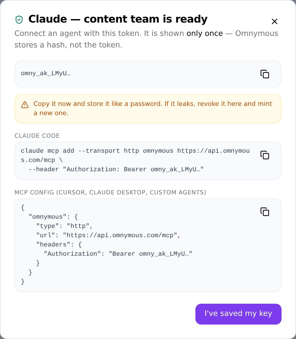 The one-time reveal screen with the key masked and ready-to-paste setup snippets