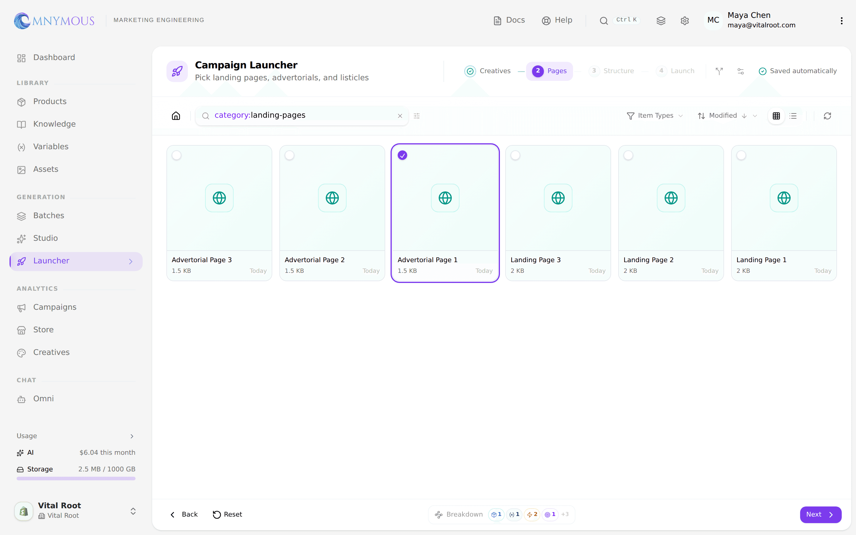 A landing page selected in the Launcher's Select Pages step
