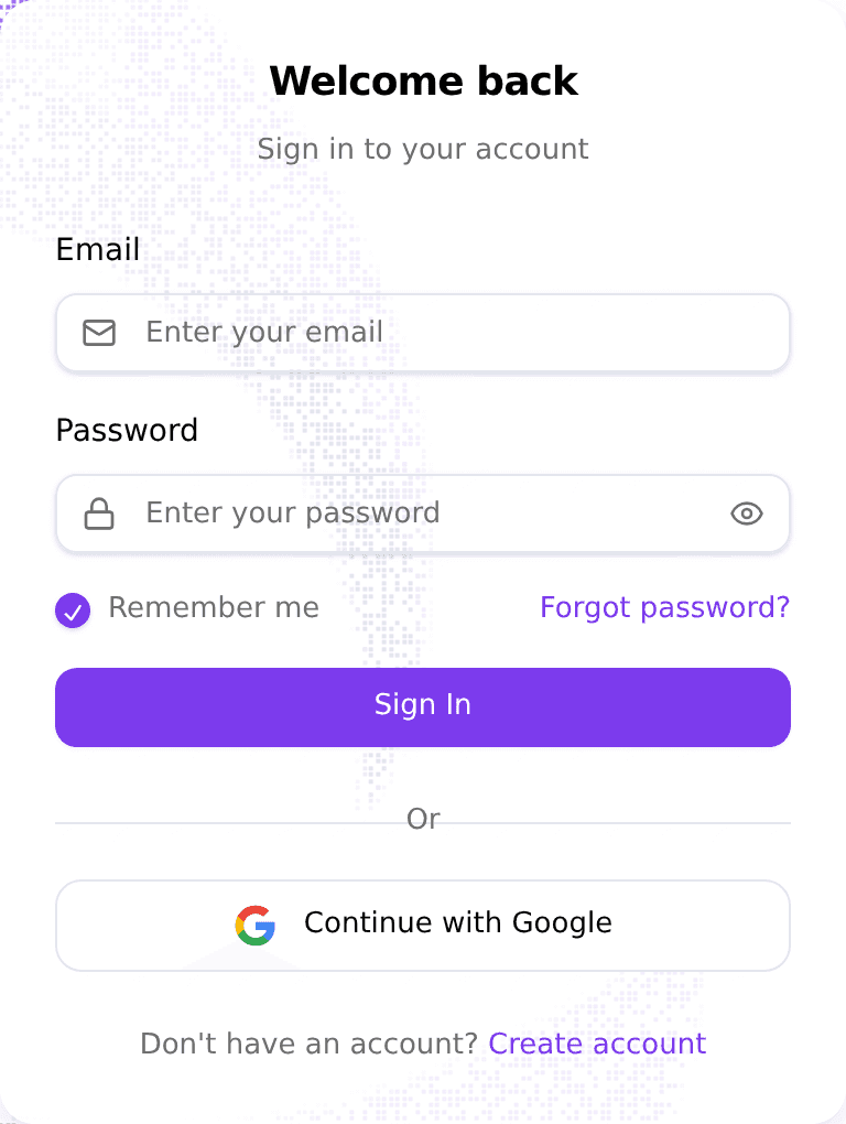 Welcome back sign-in screen with email, password, Remember me, and Forgot password