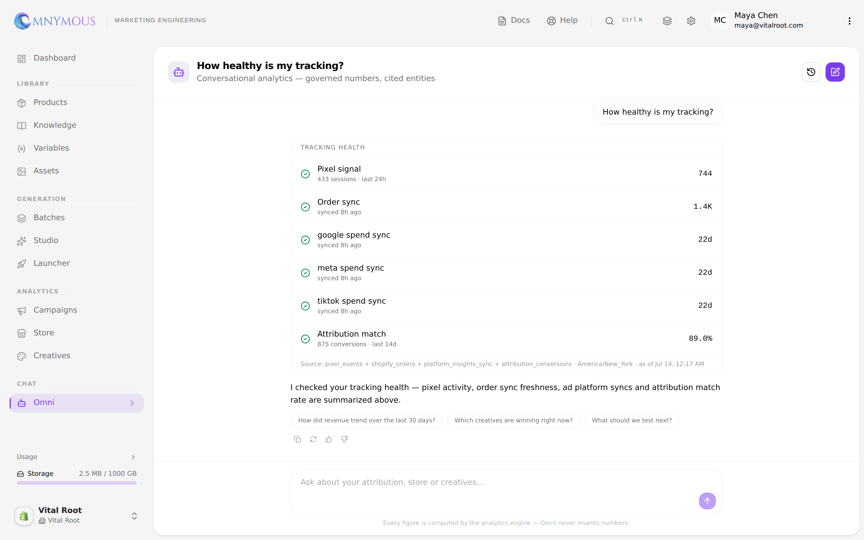 Omni's Tracking Health checklist showing pixel signal, order sync, ad-platform syncs and attribution match, all green