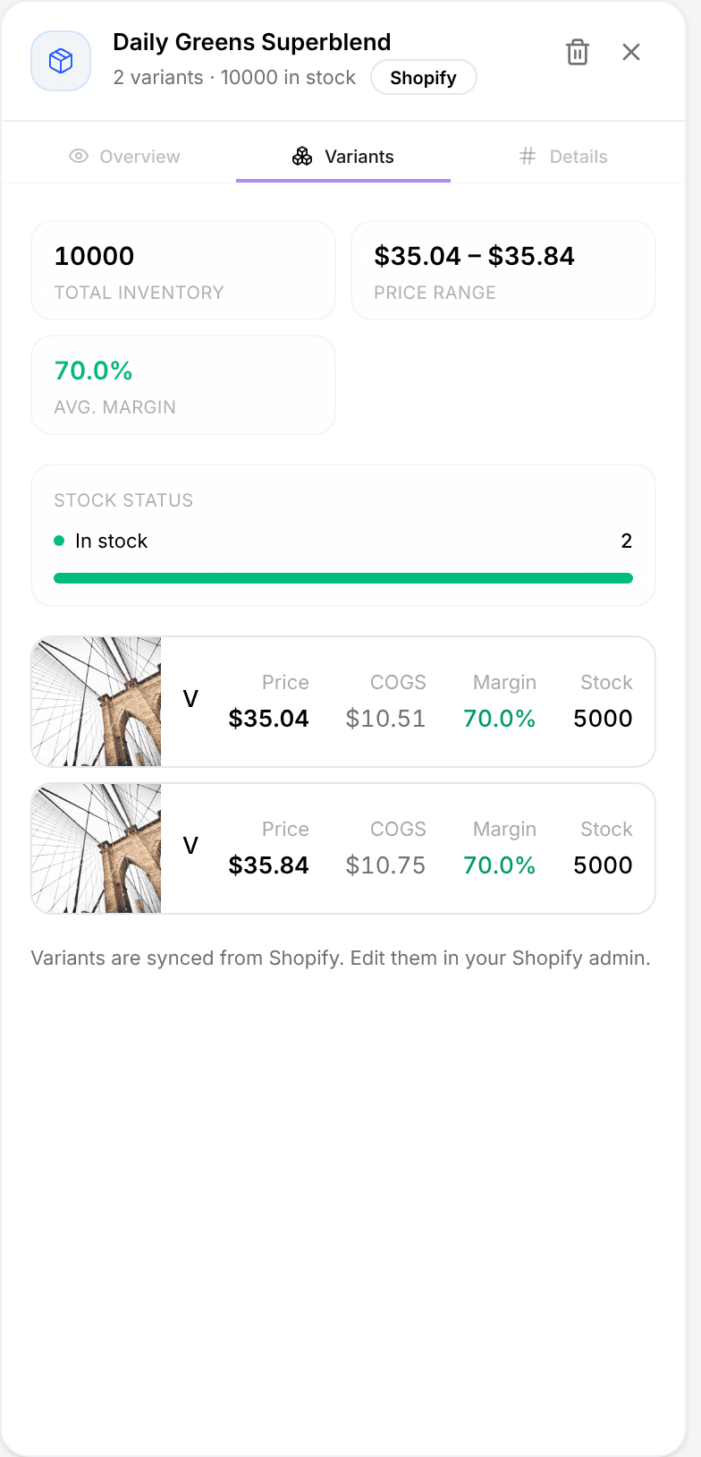 The Variants tab of a synced product, its variant list and the note that variants are synced from Shopify and edited in the Shopify admin