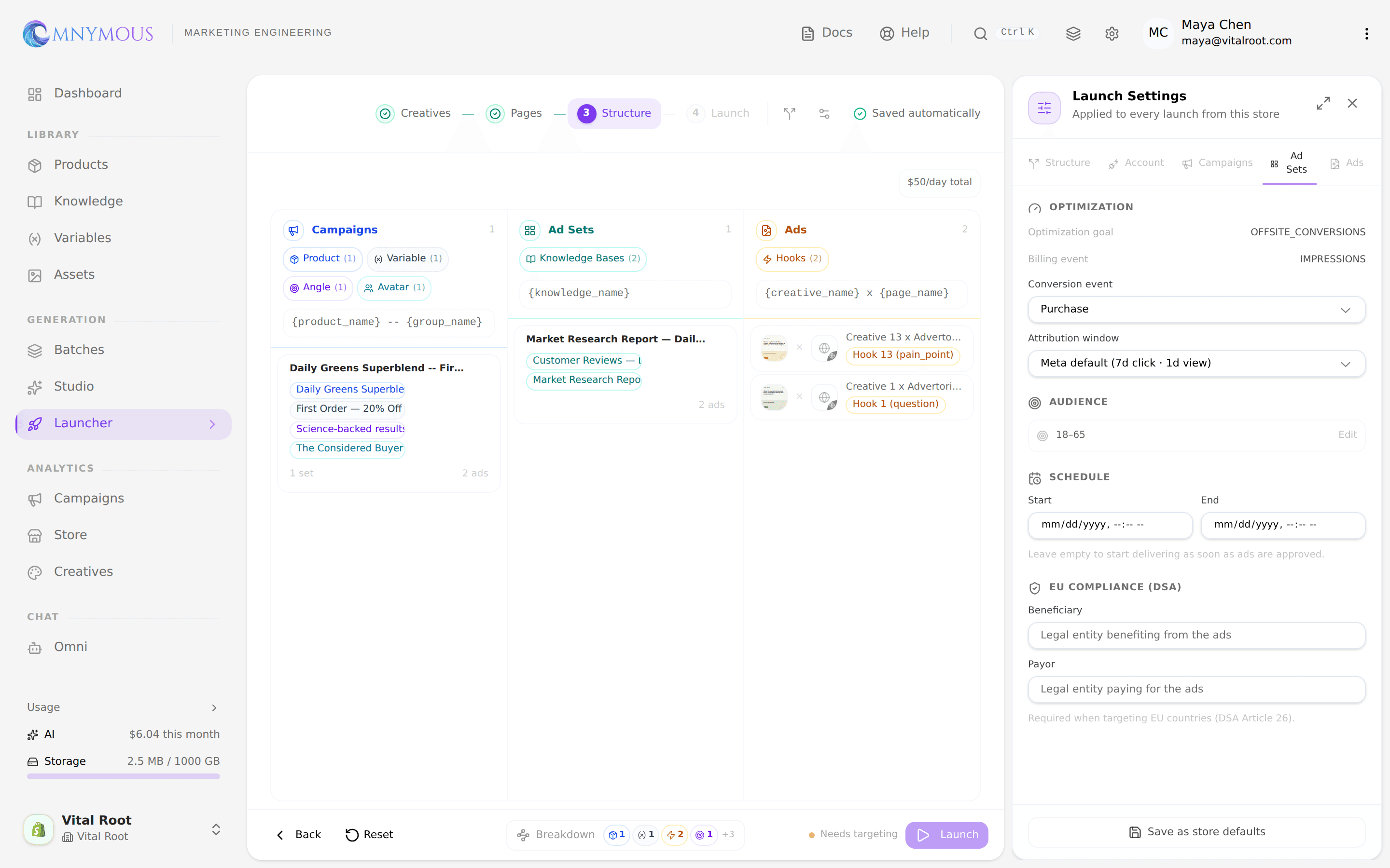 Ad Sets tab with optimization, audience, schedule, and EU compliance settings