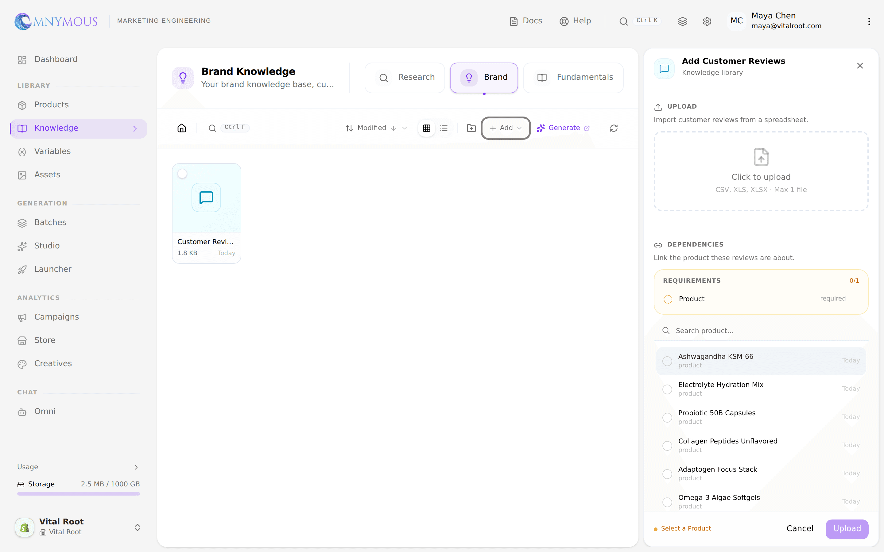 The Add Customer Reviews panel: a Click to upload drop zone accepting CSV, XLS and XLSX, and a required Product field to link the reviews to a supplement