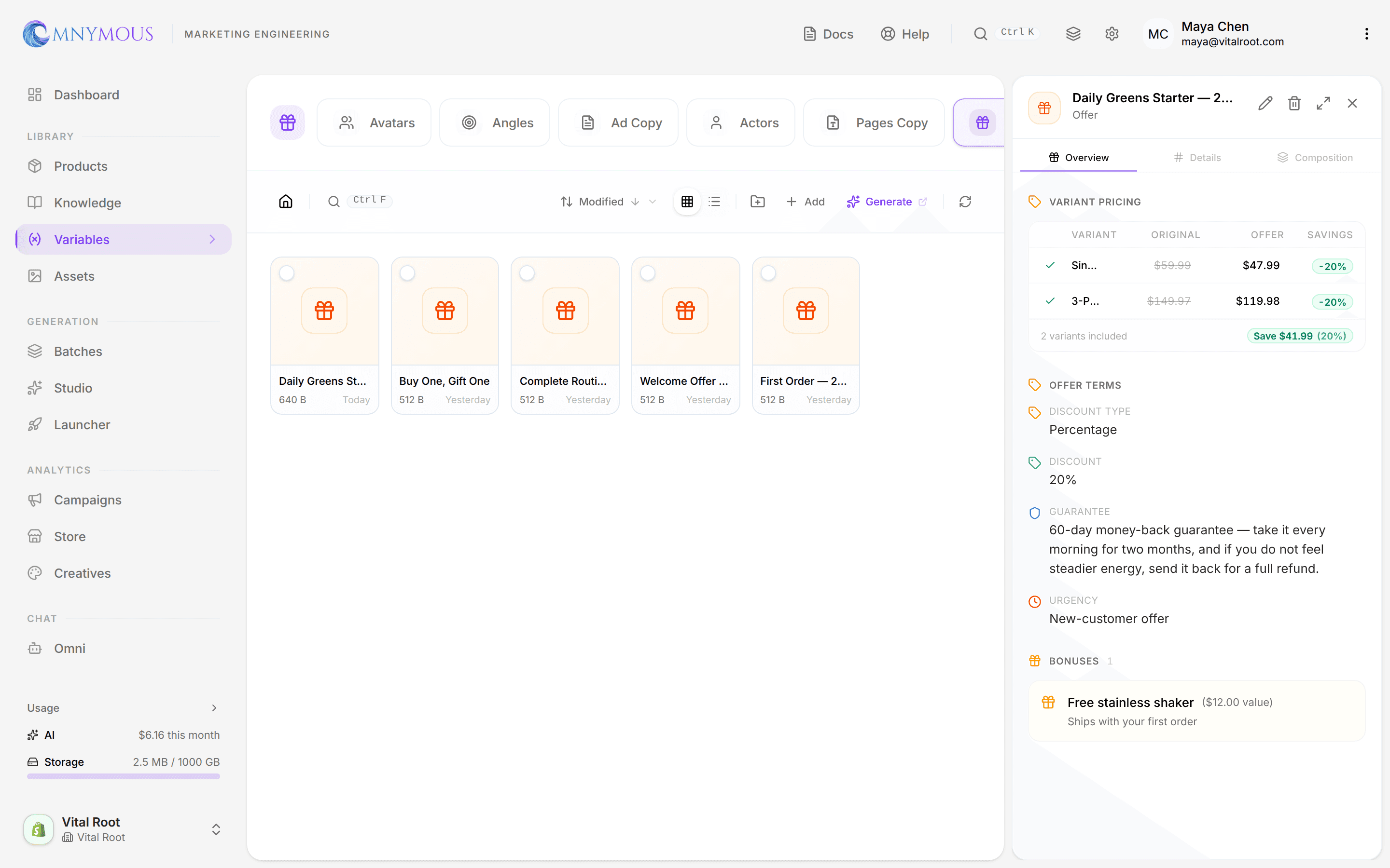 An offer open in the preview panel on its Overview tab, showing a Variant Pricing table with original and offer prices per variant, plus discount, guarantee and bonus terms
