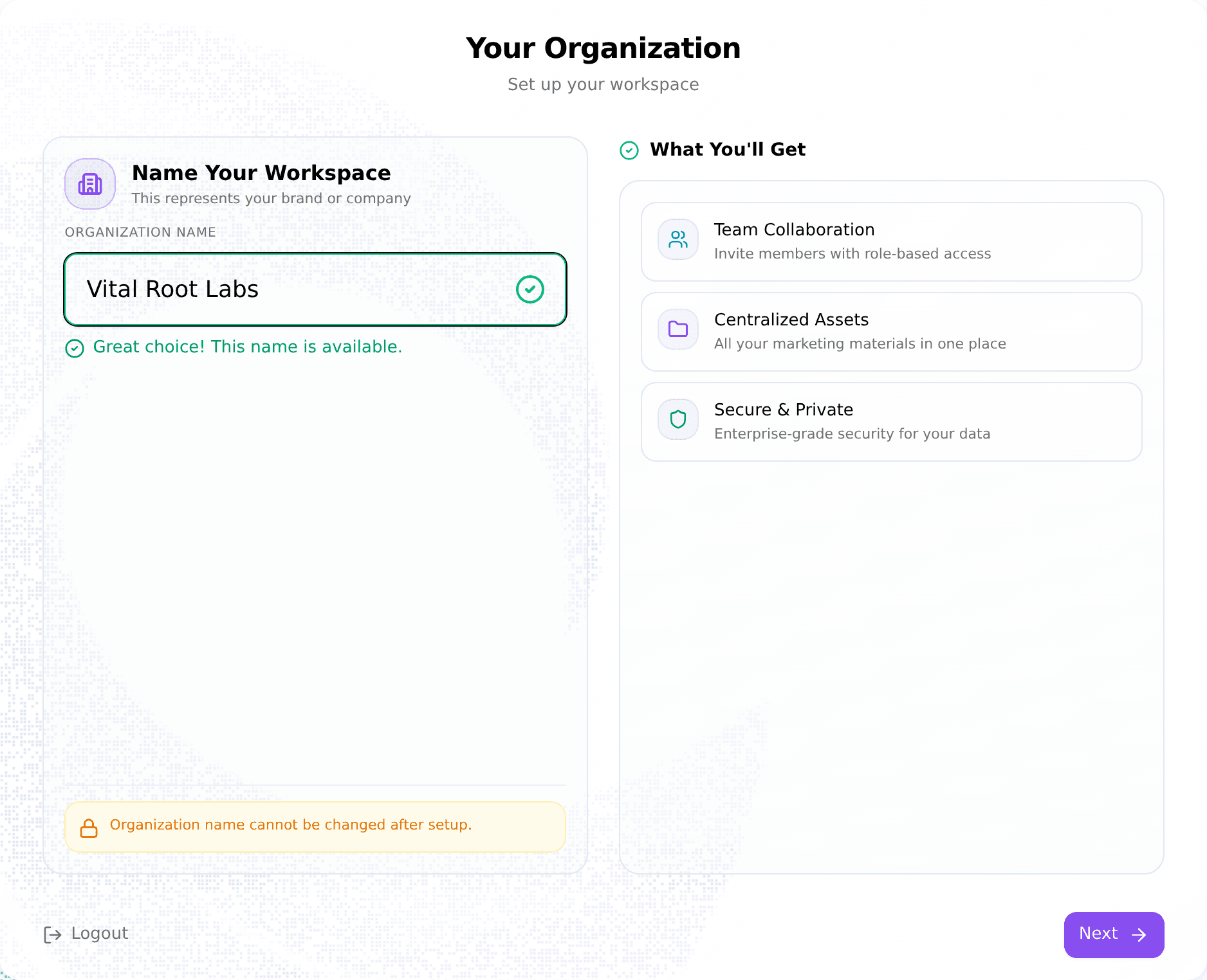 Your Organization step with the workspace name entered and confirmed available