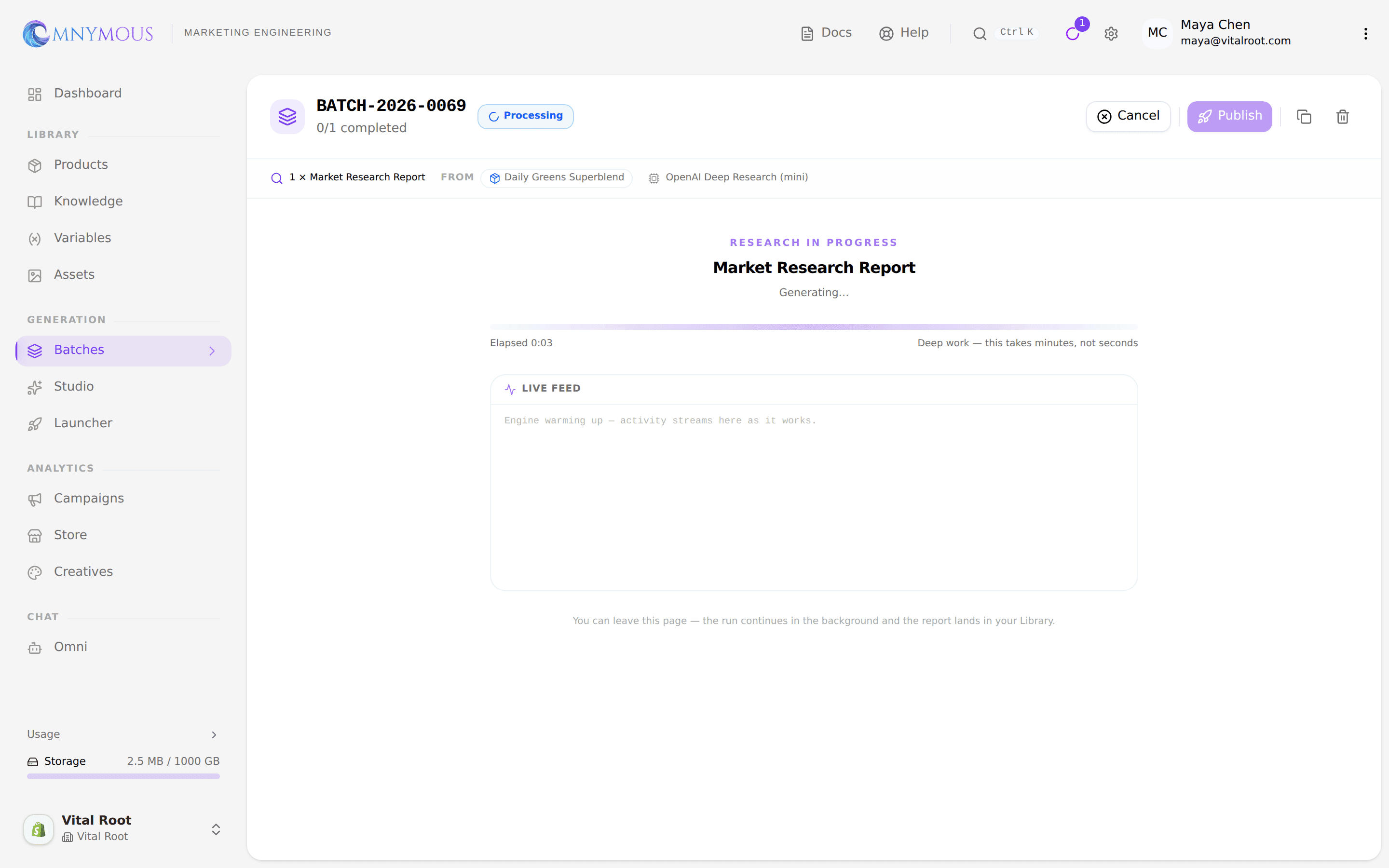 A research run in progress: stages, a live activity feed, and elapsed time