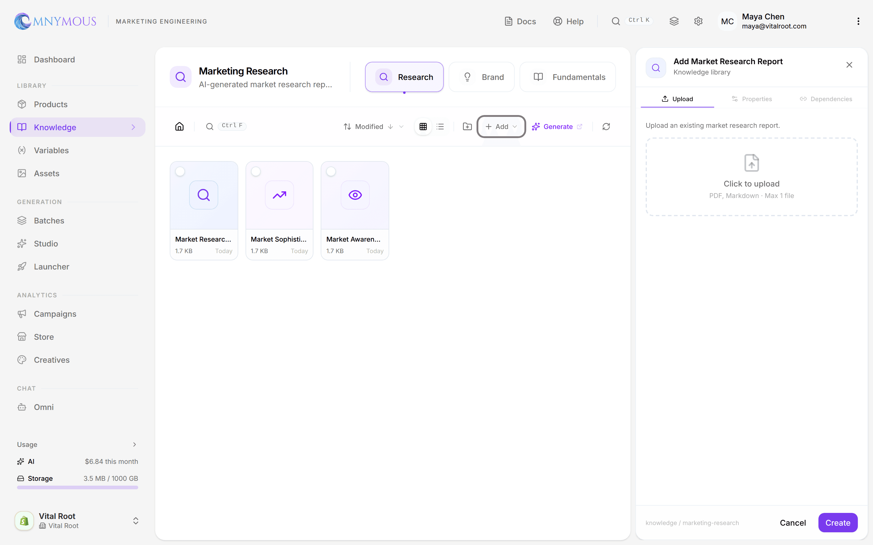 The Add Market Research Report panel on its Upload tab, with a Click to upload drop zone accepting PDF and Markdown, and Properties and Dependencies tabs alongside