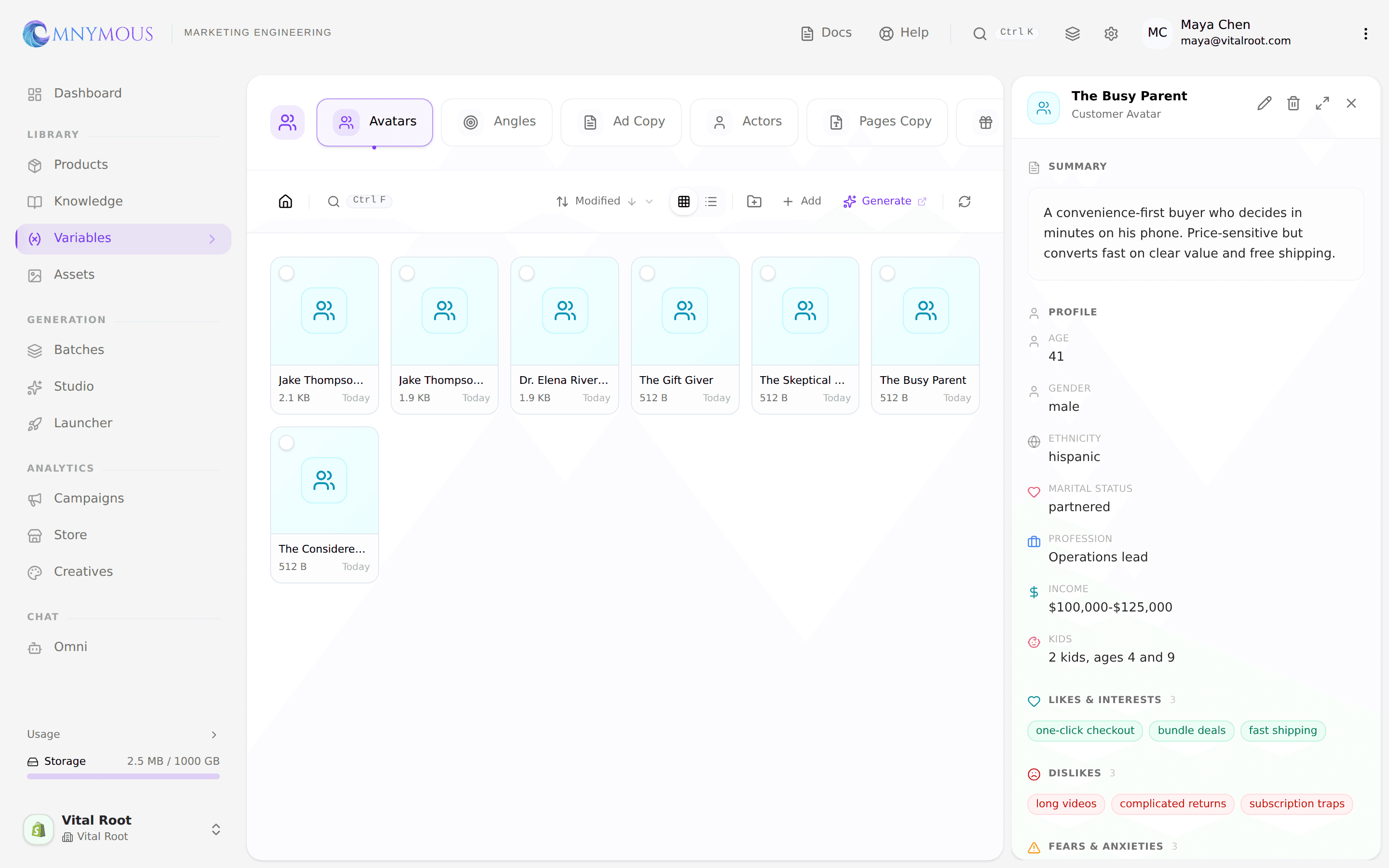 A finished customer avatar open in the Library, showing its summary, profile, and interests