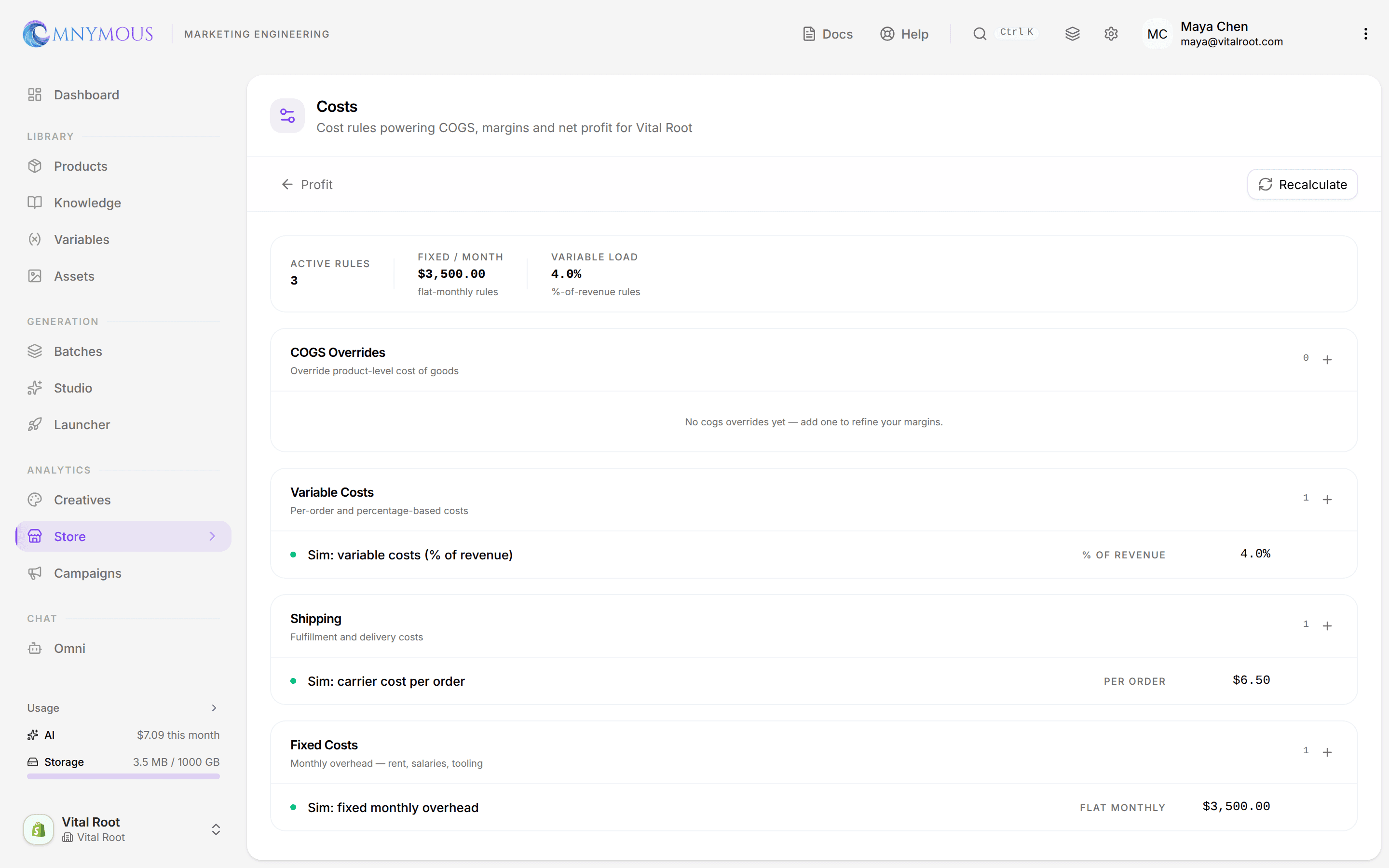 The Costs page: a summary strip (Active Rules, Fixed / Month, Variable Load) above the four rule categories — COGS Overrides, Variable Costs, Shipping and Fixed Costs