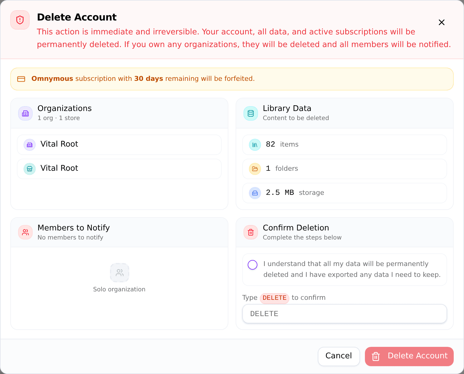 The Delete Account dialog showing affected organizations and the DELETE confirmation