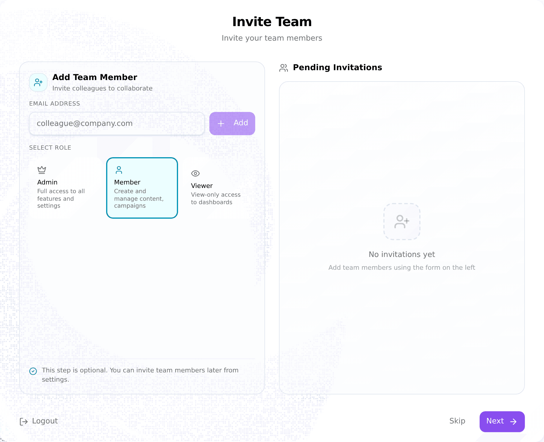 Invite Team step showing the Admin, Member, and Viewer role cards