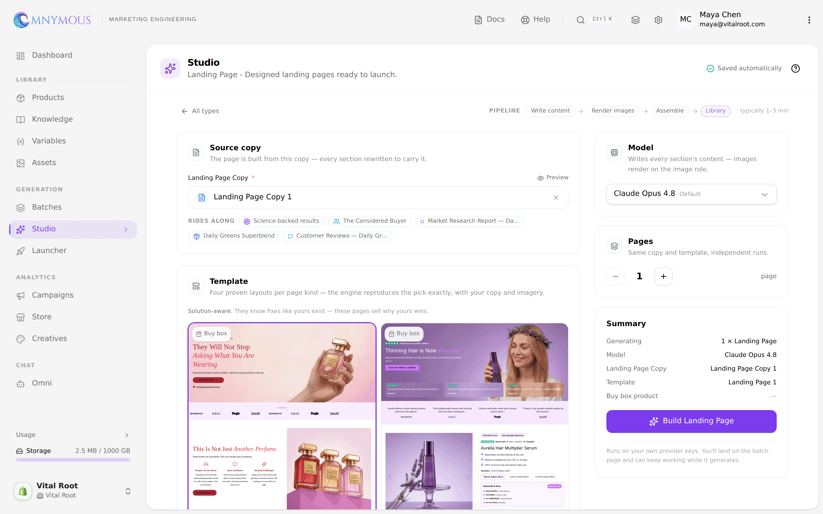 The page composer with its four-template gallery