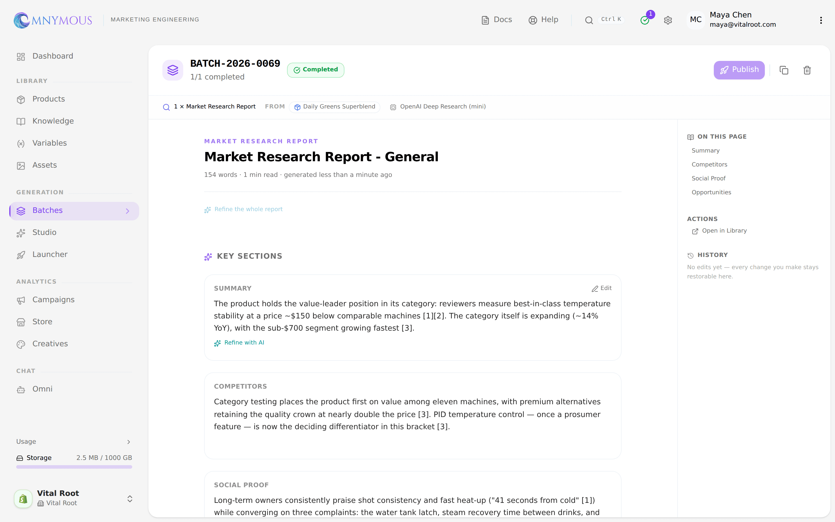 The finished research report: reading room with section navigation, refine, and history