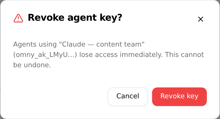 The Revoke agent key confirmation dialog warning that access is lost immediately