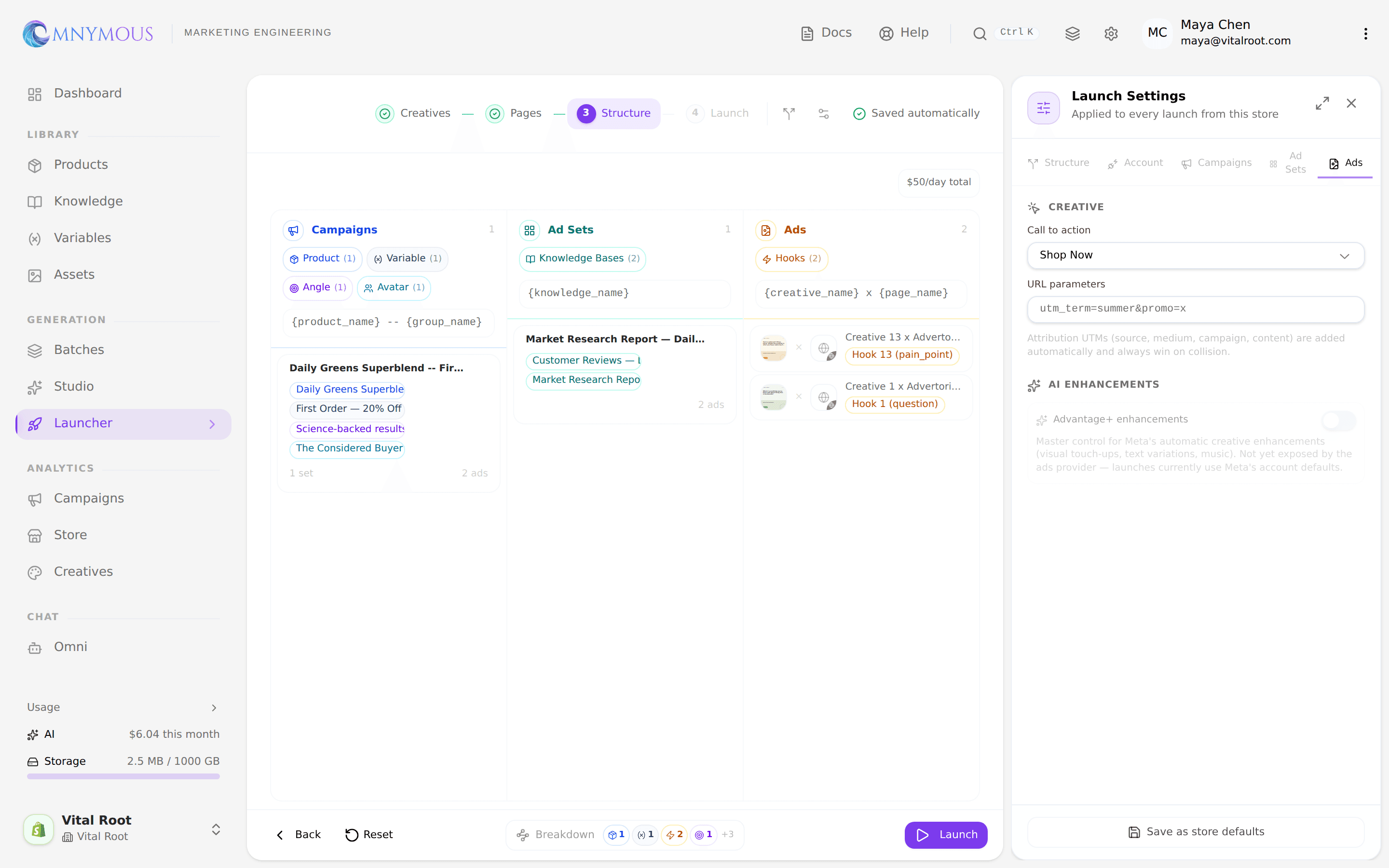 Ads tab with the call to action select and URL parameters field