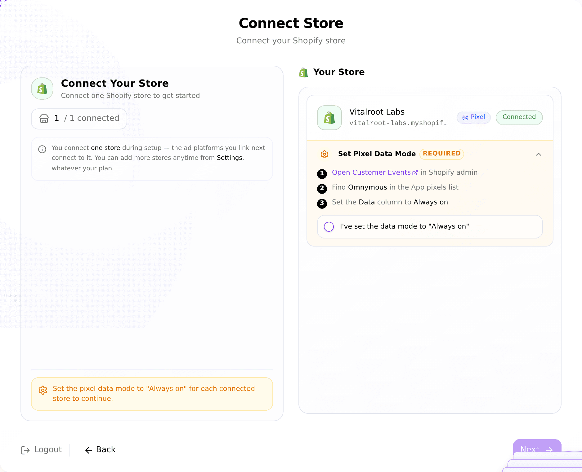 Connect Store step: the connected store card with the Set Pixel Data Mode panel