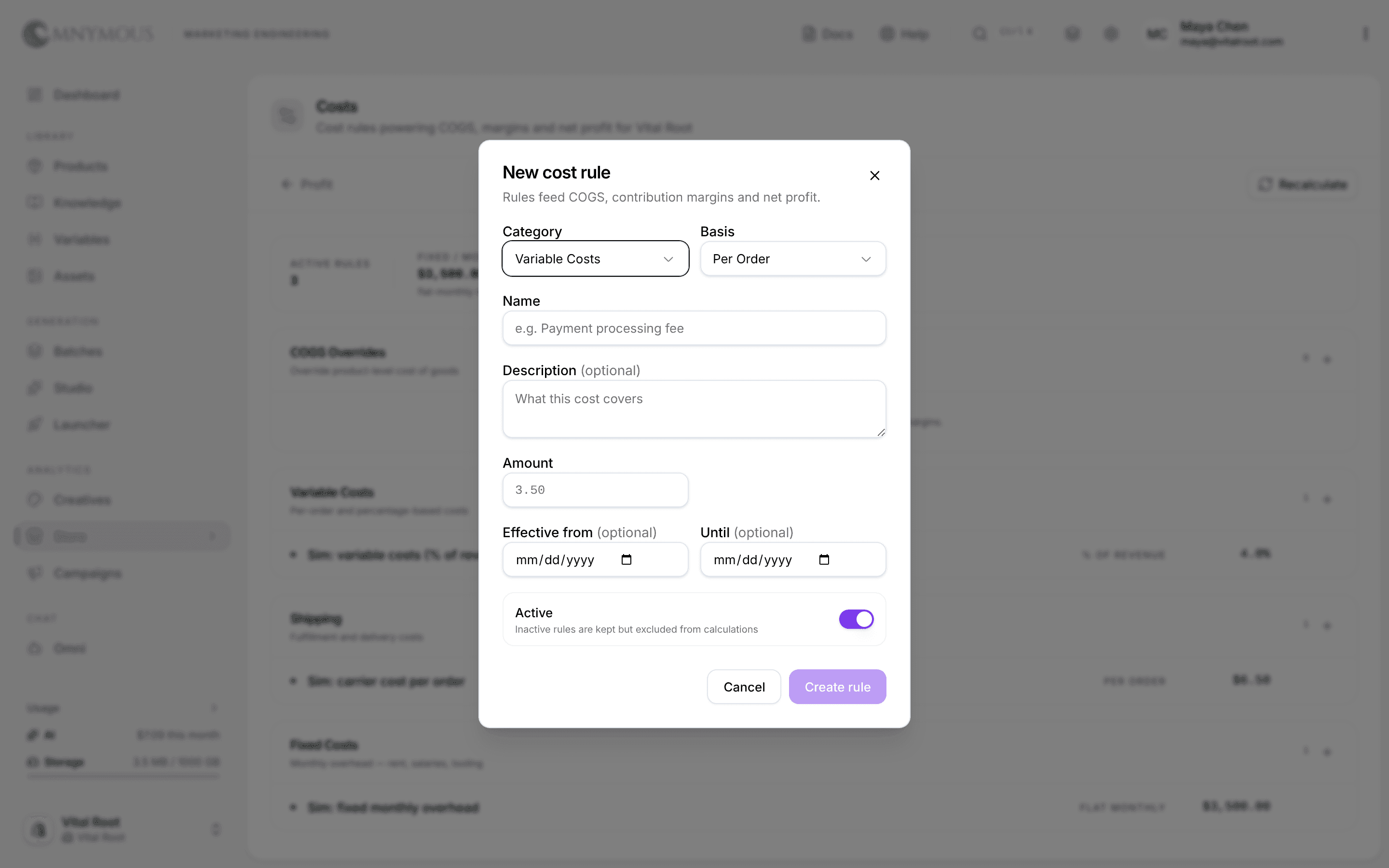 The New cost rule dialog with Category, Basis, Name, Amount, effective-date fields and an Active toggle